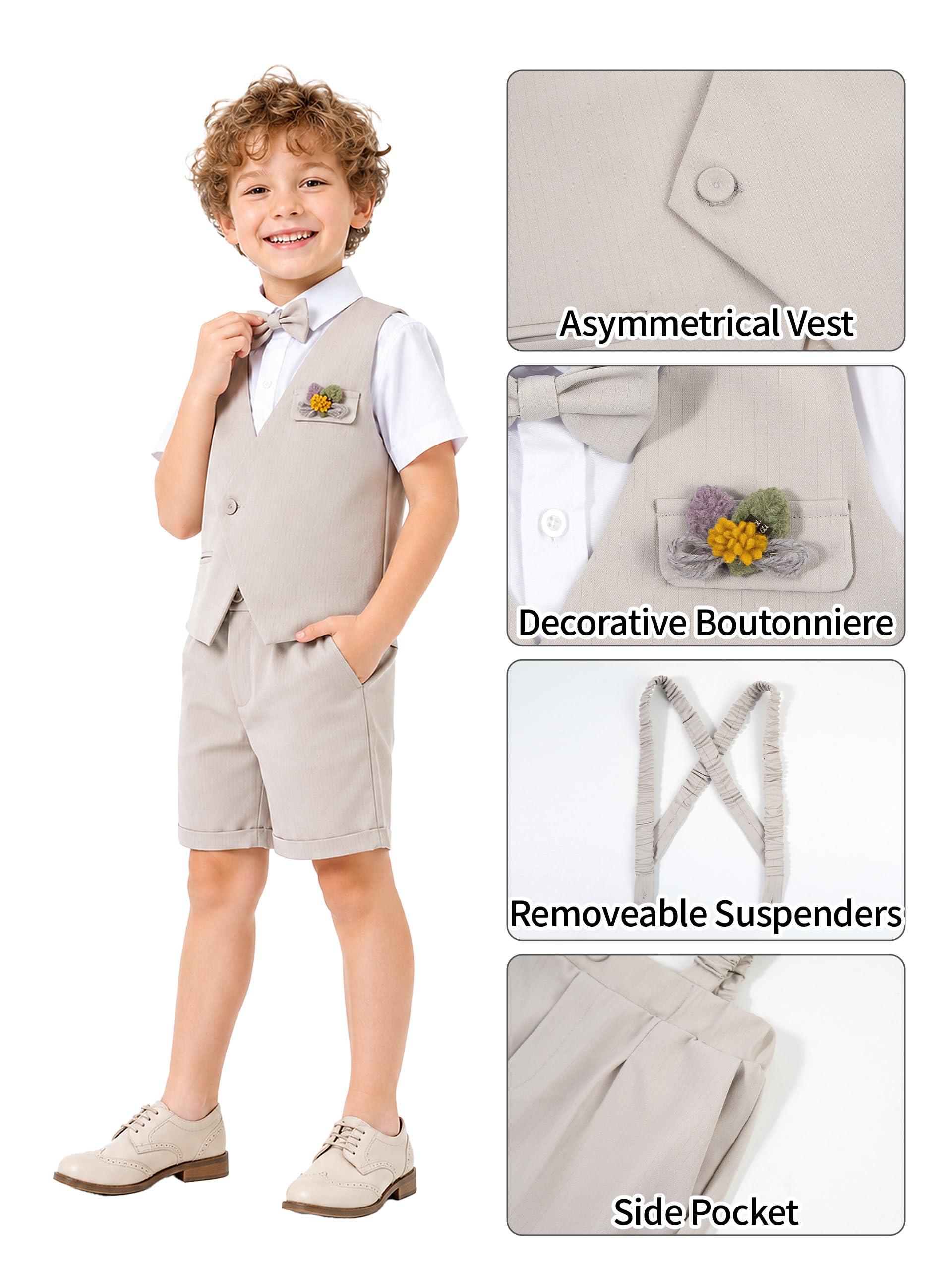 LOLANTA Completo Estivo 6 Pezzi Bambino, Gilet Asimmetrico, Camicia, Pantaloncini, Papillon, Bretelle, Fiore, 4-11 Anni
