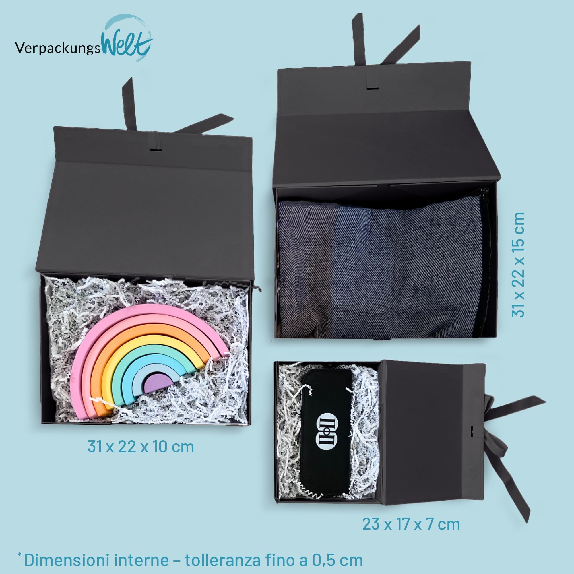 Pacco Regalo con Coperchio - 31x22x10 - Scatole per Regali con Chiusura Magnetica e Fiocco - Perfetto per Compleanno, Matrimonio, Natale, San Valentino e Pasqua - Scatolina Nero- 5 Pezzi