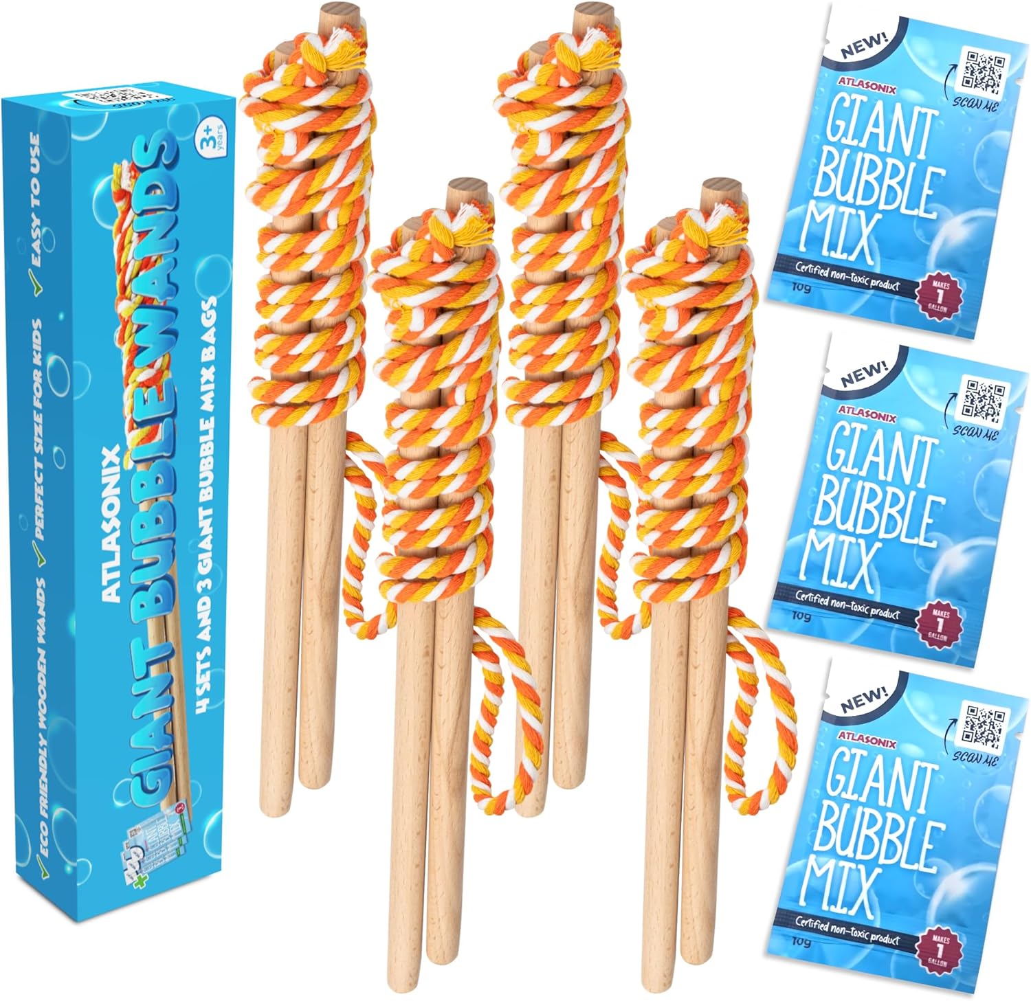 Giant Bubble Wand, Big Bubble Wand, Huge Rope, 4 Pack Giant Bubble Wooden Wands & 384 Ounces Bubble Mix Concentrate Refill, Party Outdoor Summer Toys Activities for Kids Boys and Girls Kit