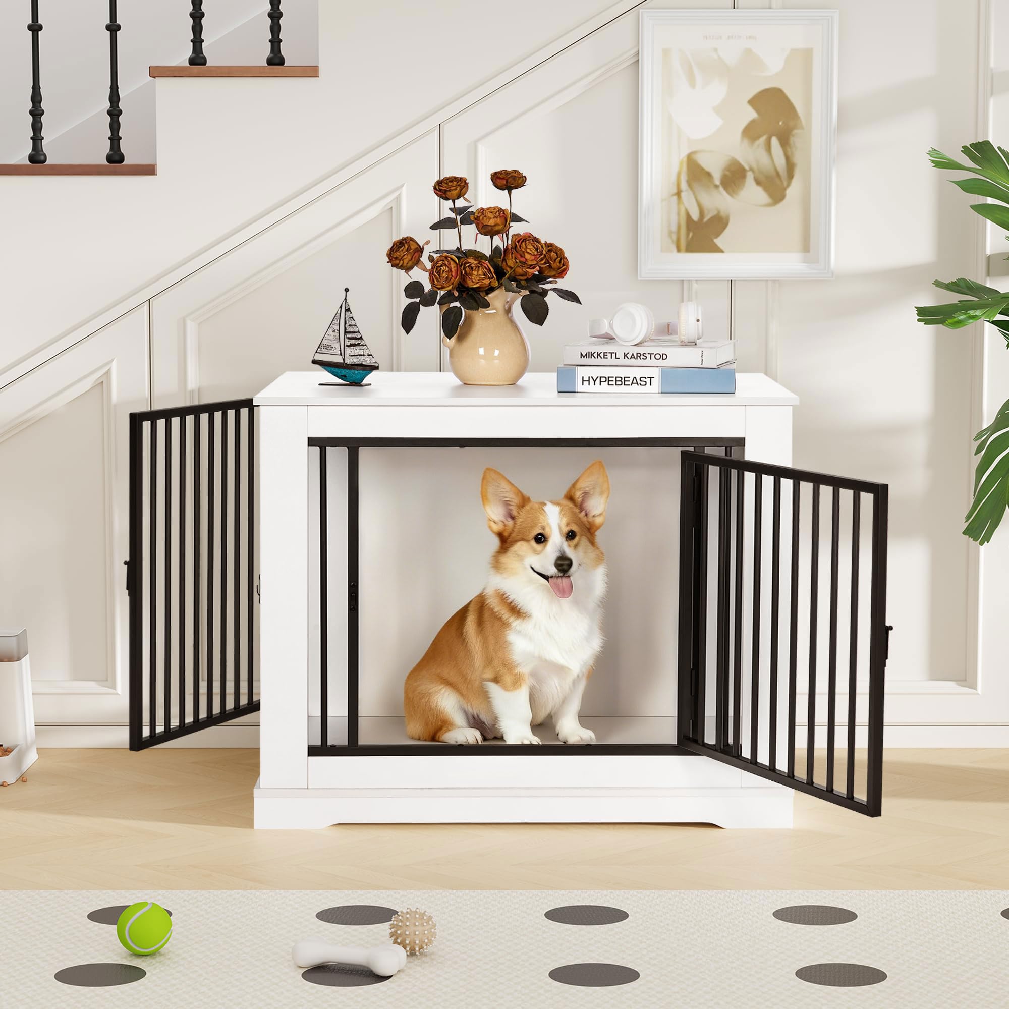 BEWISHOME 81cm Jaula para Perros, Mesa Auxiliar, casa Moderna para Perros, Jaulas para Perros de tamaño pequeño a Mediano, 3 Puertas, 81x55x67.5 cm, Blanco EMGL03W