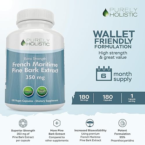 Miniatura 2 de Purely Holistic Extracto de corteza de pino 350 mg 180 cápsulas veganas 95% de proantocianidinas - Extracto de corteza de pino marítimo francés -