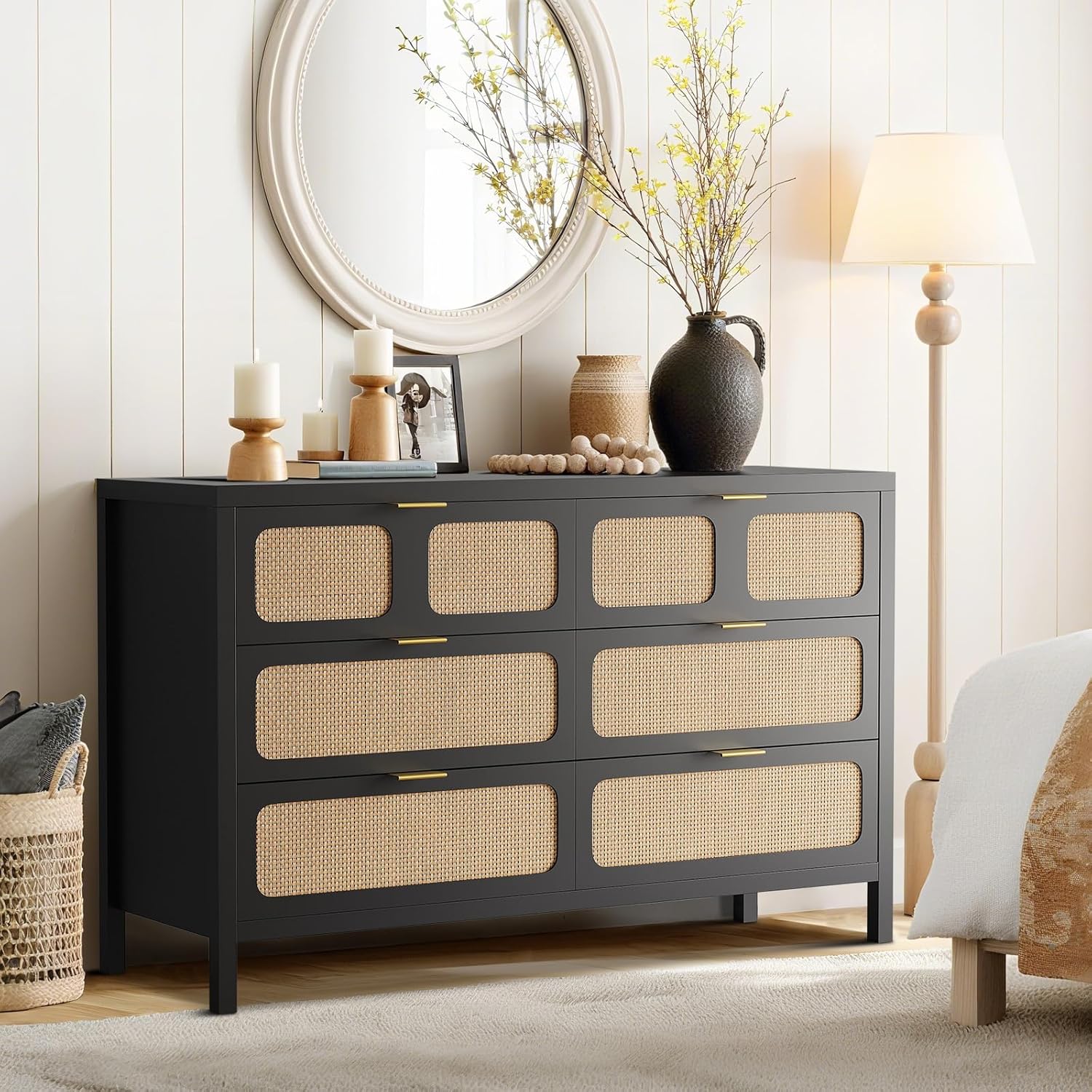 GarveeHome 6 Drawer Dresser, Rattan Dresser for Bedroom with Metal Handles, Farmhouse Wood Storage Chest of Drawers for Bedroom, Living Room, Hallway, Entryway, Oak
