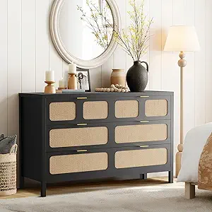 6 Drawer Dresser, Rattan Dresser for Bedroom with Metal Handles, Farmhouse Wood Storage Chest of Drawers for Bedroom, Living Room, Hallway, Entryway, Black