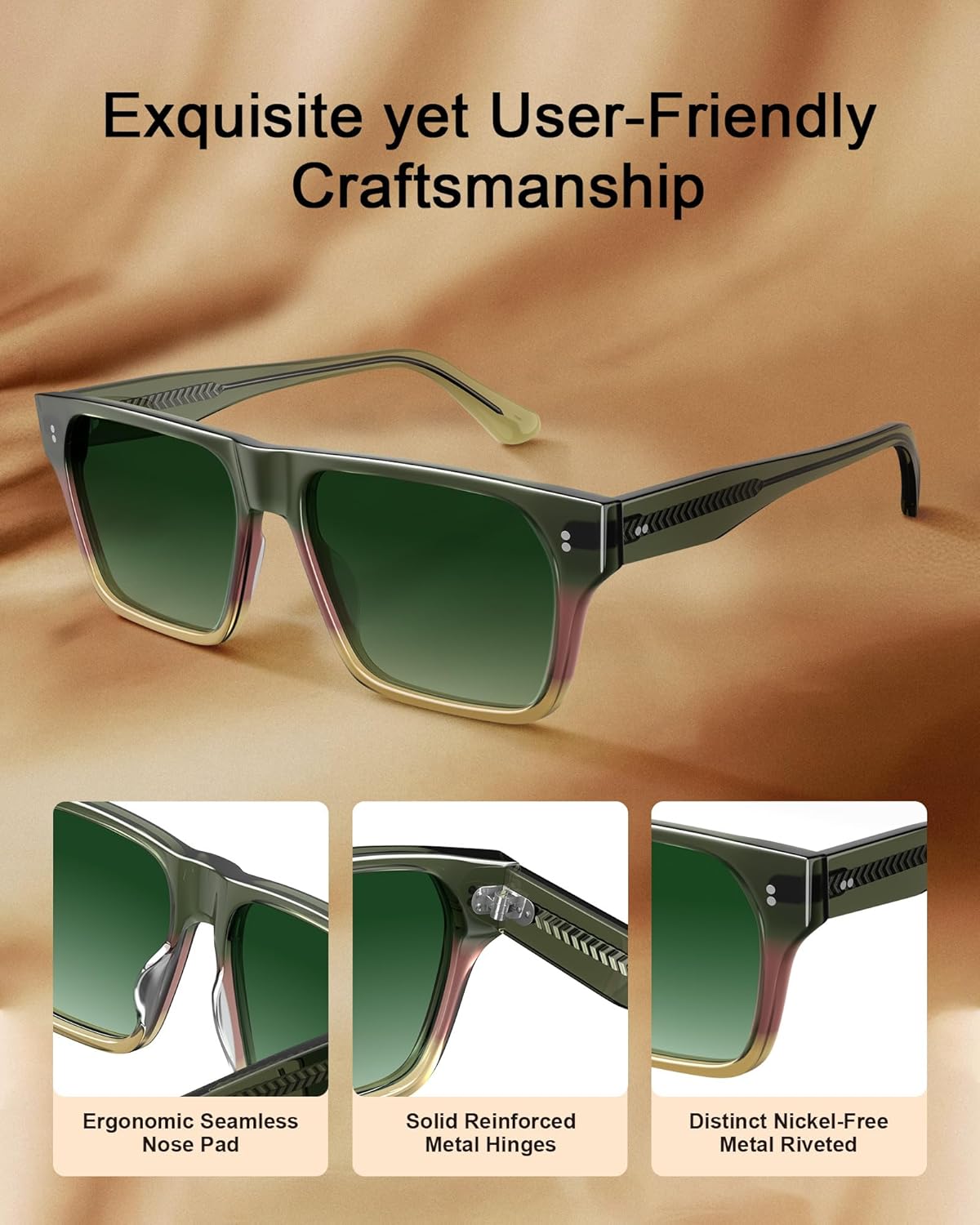 CARFIA Modern Sunglasses for Men Polarized UV400 Protection Flat Large Wrap Square Acetate Driving Glasses