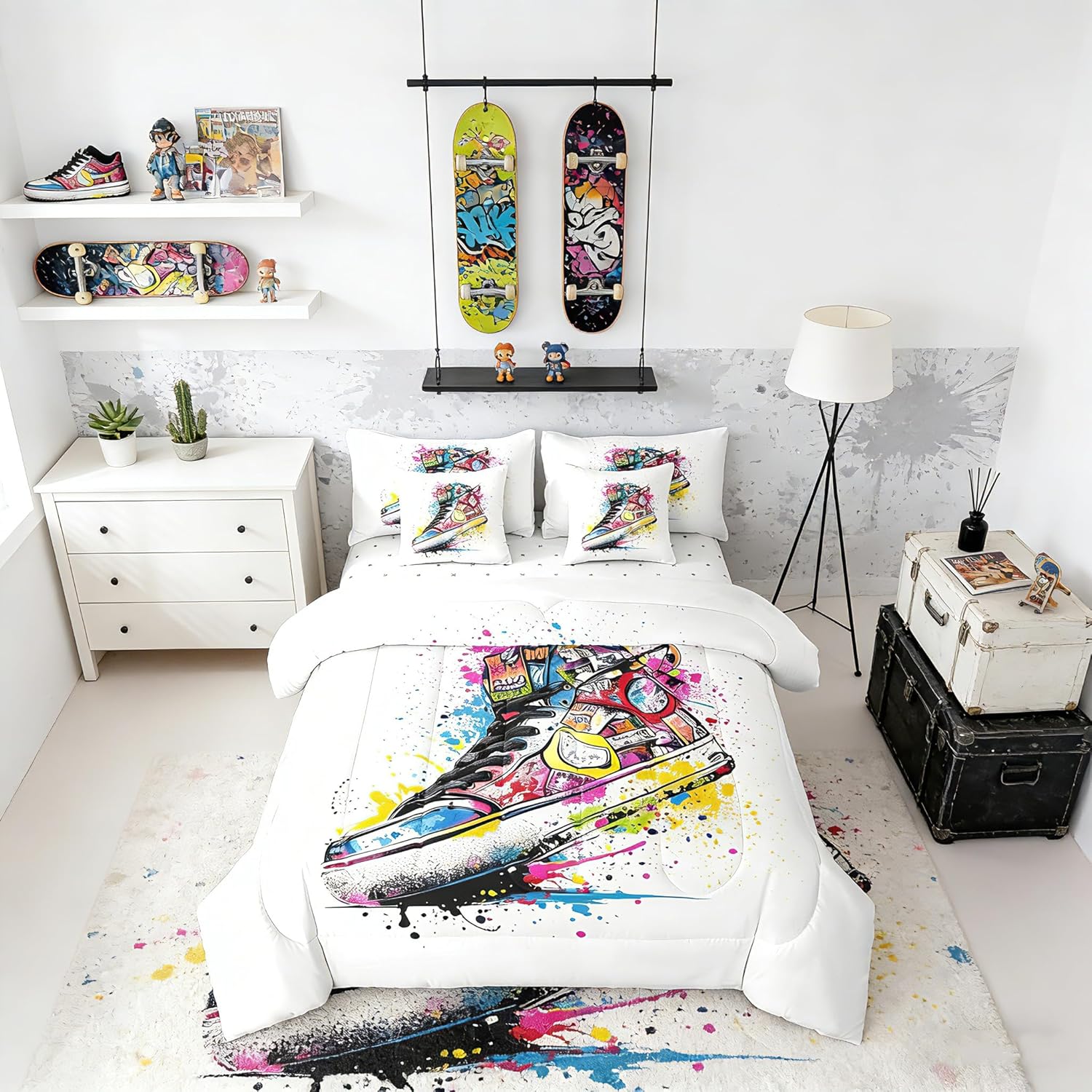 Feelyou Basketball Shoes Kids Comforter Set 7pcs, Cool Retro Sneaker Bed Set Twin for Boys Girl, Graffiti Shoes Bedding with 1 Comforter,1 Fitted Sheet,1 Flat Sheet,2 Pillowcases,2 Throw Pillow Cover