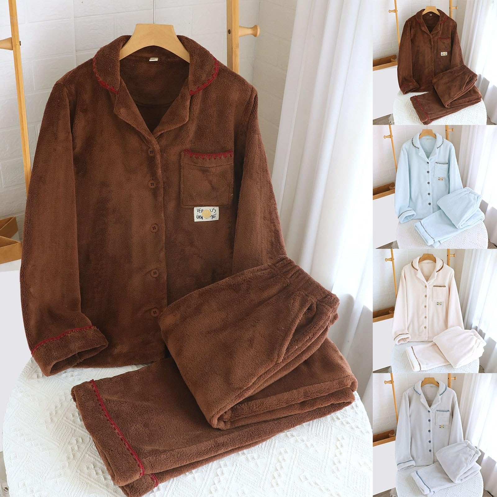 Generisch Pigiama da donna in tinta unita, leggero, morbido, pigiama con bottoni, biancheria da notte e pantaloni da pigiama, 2 pezzi, casual, elegante, per la casa, per il tempo libero