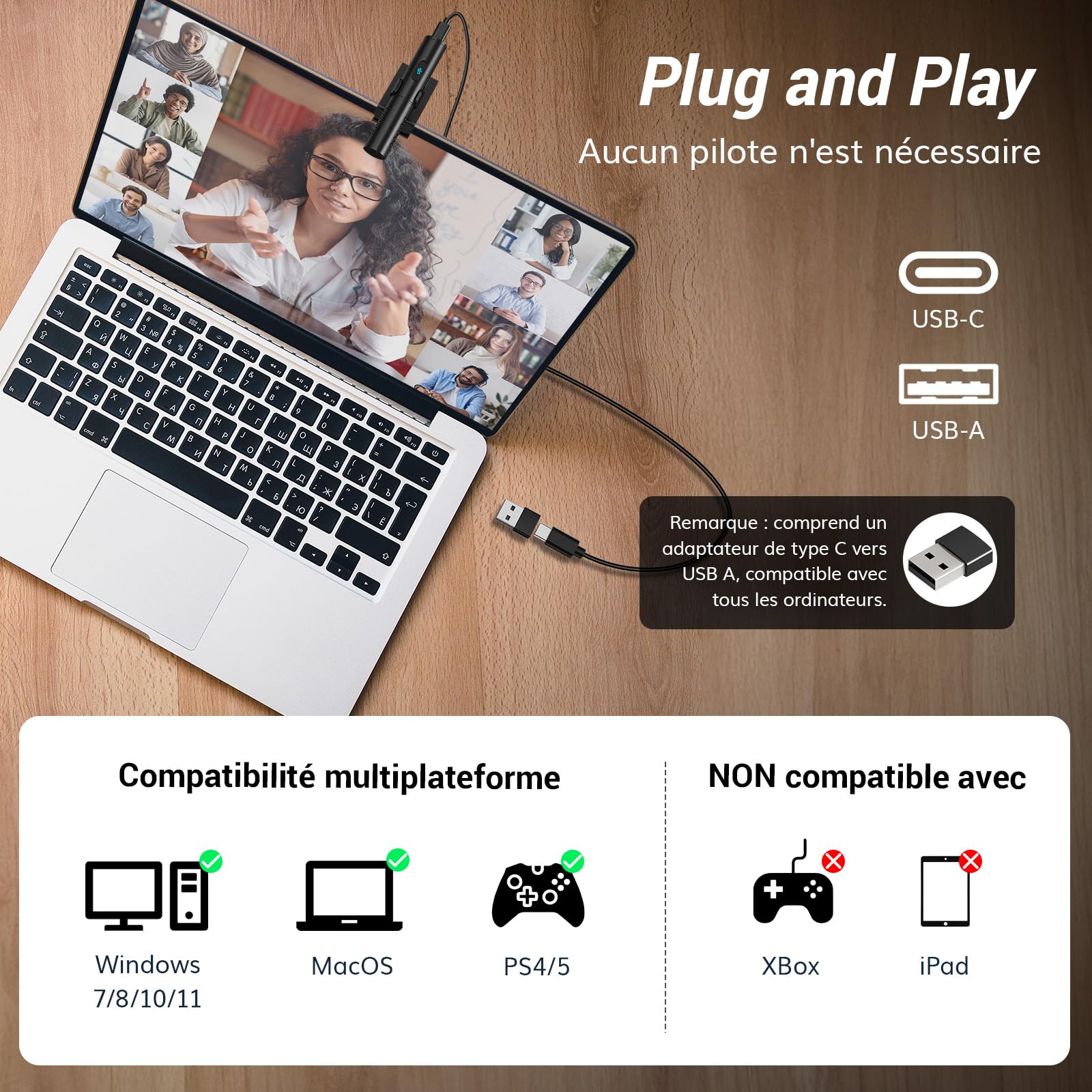 TONOR USB Micro pour PC Ordinateur, Microphone de Conférence Réglable Multi-Angle avec Interrupteur Muet et Indicateur LED pour de Bureau, Skype, Youtube, Vidéo, Plug & Play pour MacOS Windows, 200cm