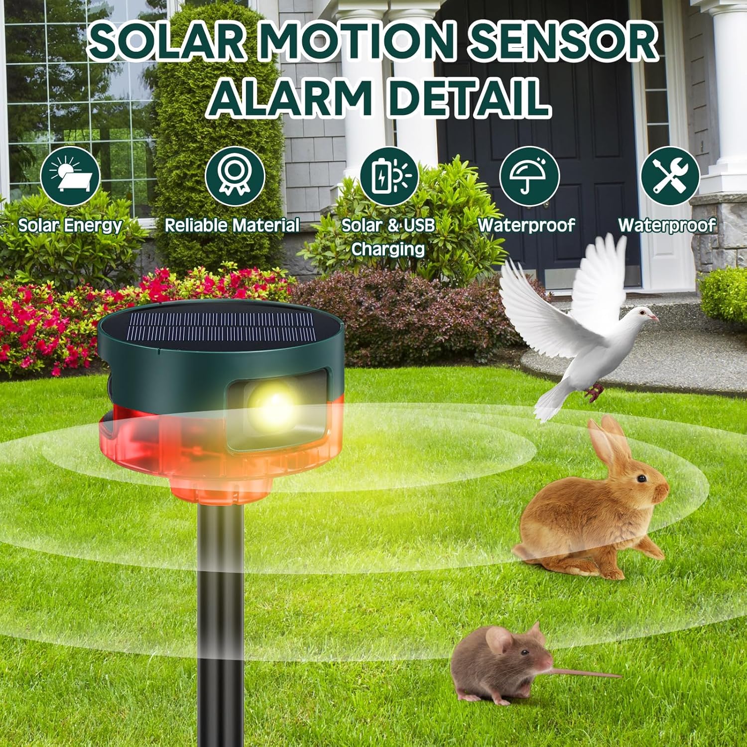 Qualirey 2 Pack Solar Outdoor Motion Sensor Alarm-Dog Barking&Gunshot Sound Support Recording Animal Deterrent for Home Security, 13 Kinds of Sounds (Red)