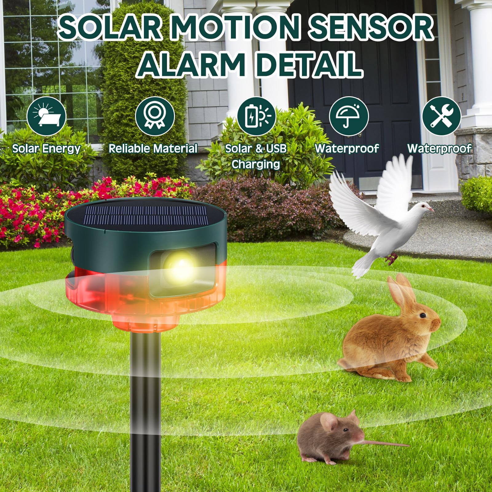 Qualirey Paquete de 2 alarmas solares con sensor de movimiento para exteriores, sensor de movimiento, disuasorio de animales, alarma de ladridos de perro para seguridad en el hogar, soporte de