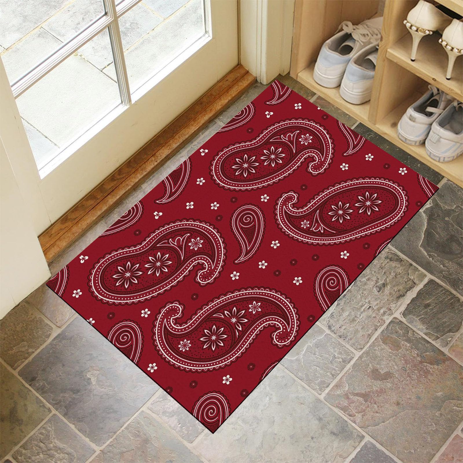Ultradünne Ethnische Paisley-Blumen Fußmatte Für Innenbereich, 80X120Cm Waschbar Teppich Für Eingangsbereich, Retro-Exotik Schmutzfänger Fussmatten, Rot rutschfeste Eingangsmatte