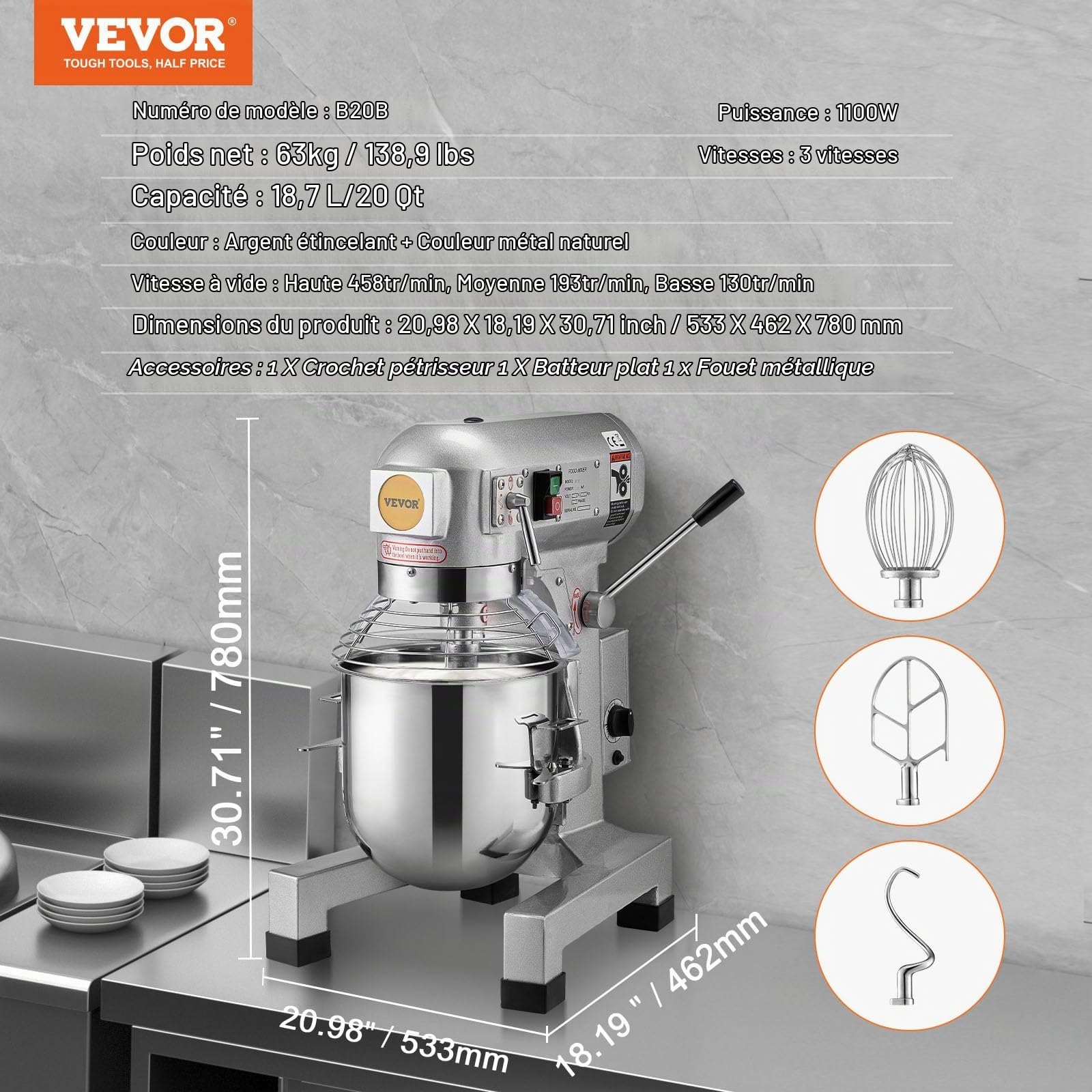 VEVOR Robot Pâtissier Commercial 18,7 L, Batteur Mélangeur avec 3 Vitesses Réglables, Mixeur à Pâte 1100 W, avec Bol en Inox et 3 Accessoires de Mélange, pour Restaurant, Boulangerie, Pâtisserie