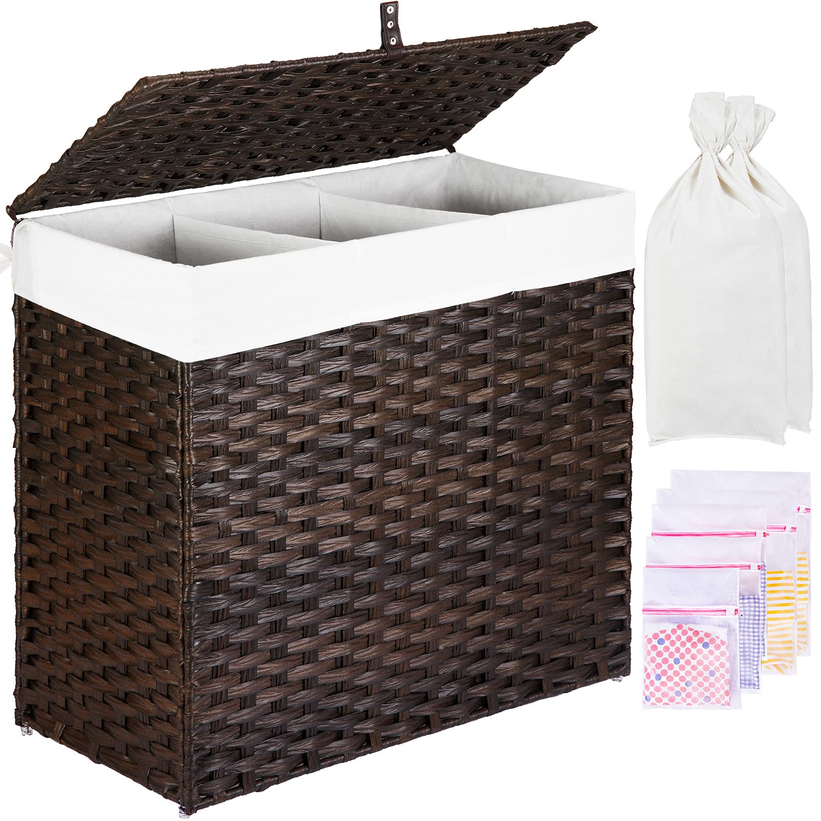 GREENSTELL Laundry Hamper with Lid, 125L Large 3 Sections Clothes Hamper with 2 Removable Liner Bags & 5 Mesh Laundry Bags, Handwoven Synthetic Rattan Divided Laundry Basket for Clothes, Toys Brown