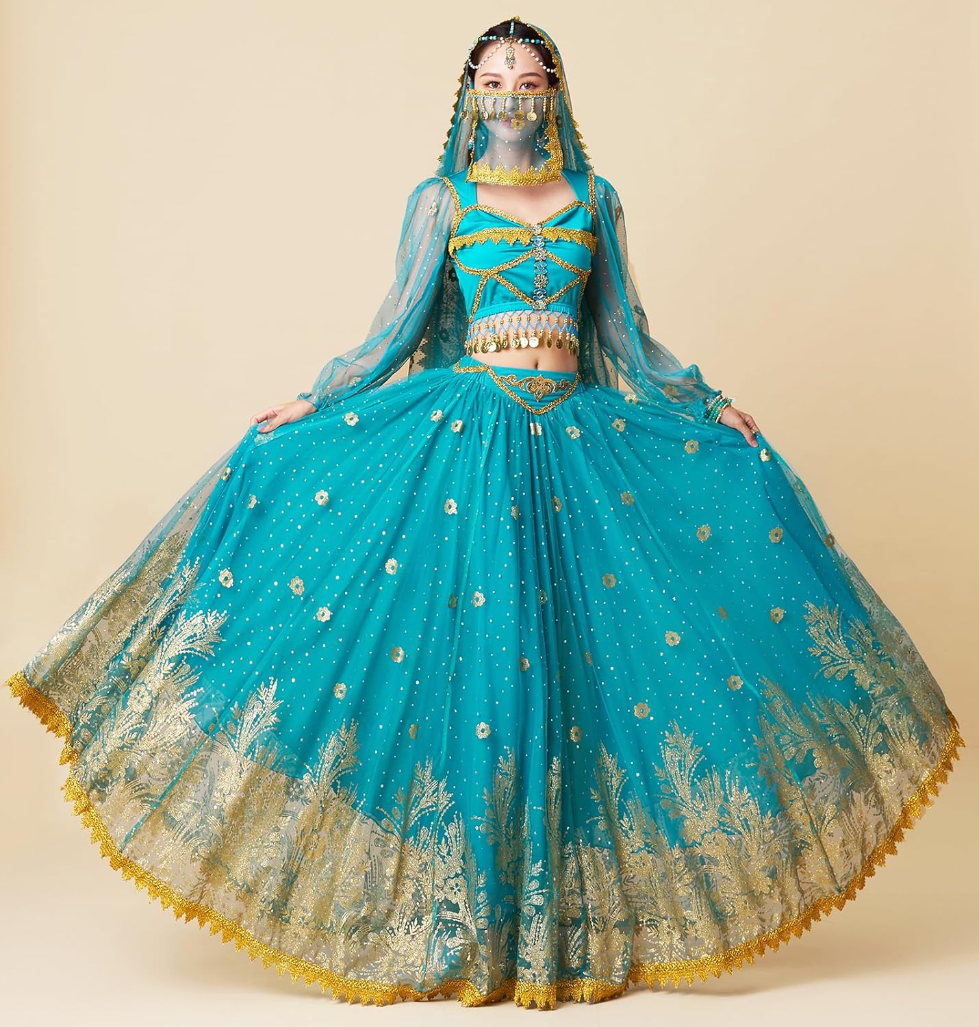 Arabian Princess Jasmine Fairy Costume Set Women's Halloween Cospaly Party Dress UP Outfit Belly Dance Dress