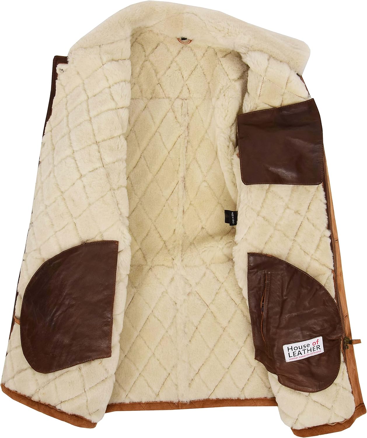 House of Leather Mens Real Sheepskin Coat Cross Stitch Shearling Anorak Edwin