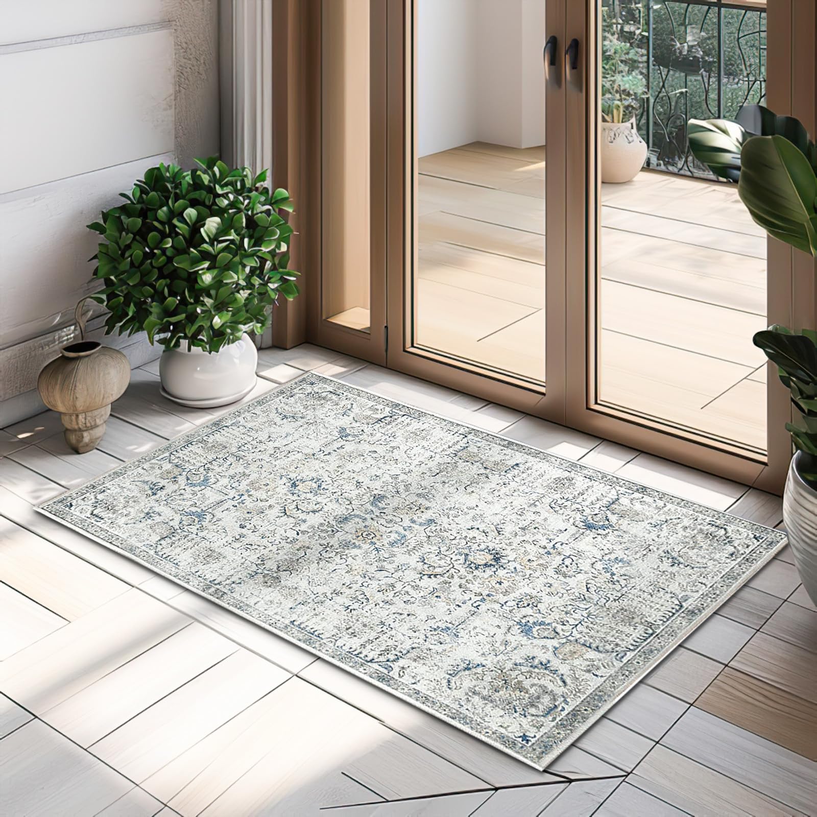 Tapis De Porte, À Poils Courts, 60 X 90 Cm, Style Vintage, Pliable, Fin, Rétro, Gris, Multi