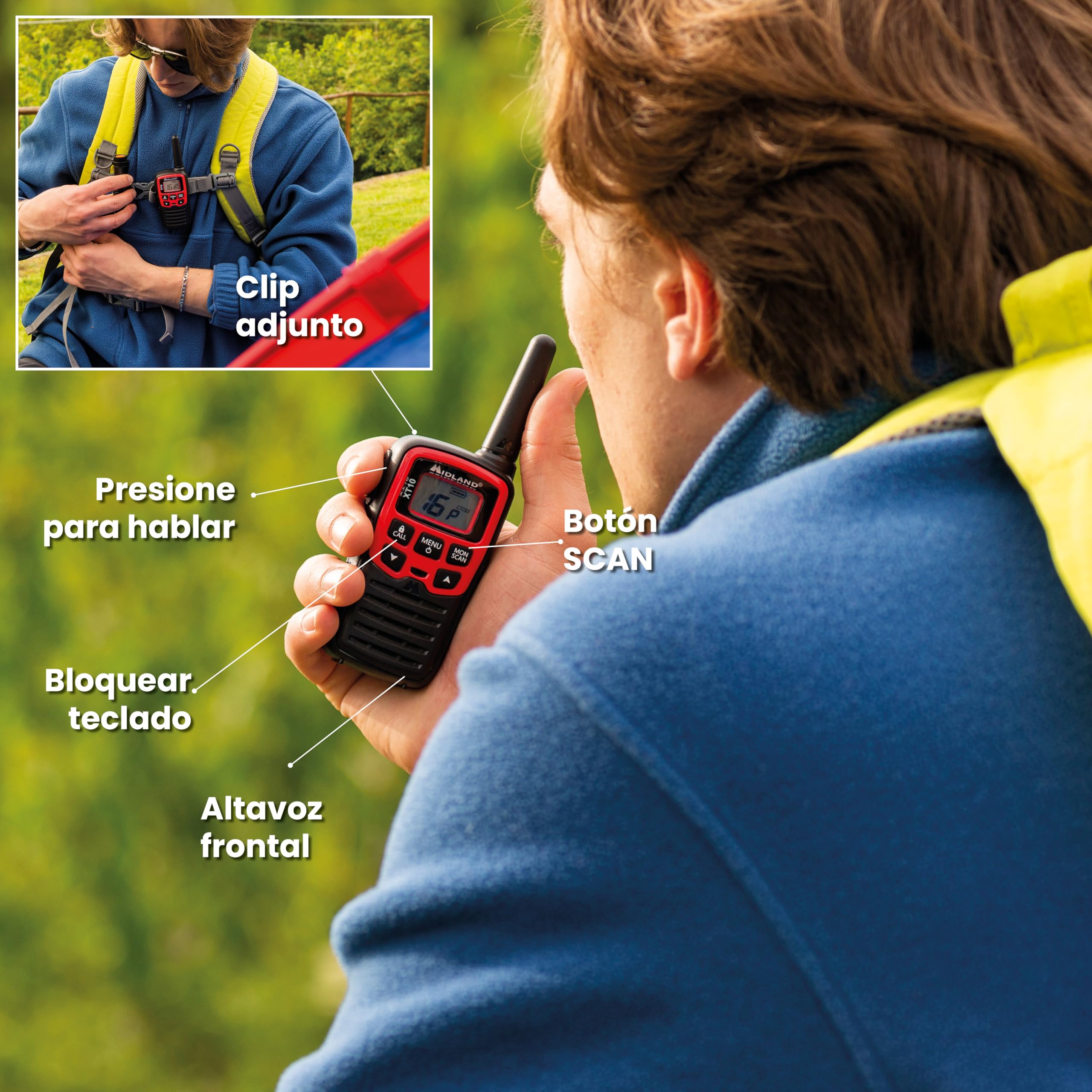 Midland - Walkie Talkie Profesional XT10, 2 Radioaficionados de Nivel Inicial para Trekking, Caza y Outdoor, 16 Canales PMR446 sin Licencia, Alcance 4Km, 38 Tonos CTCSS, VOX, SCAN, 2 Clips Cinturón