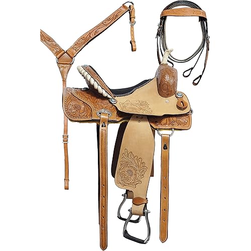 NimblFEET Western Leather Horse Barrel Saddle with Head Stall, Stirrups, Breast Collar and Reins Tan 14" 15" 16" 18"