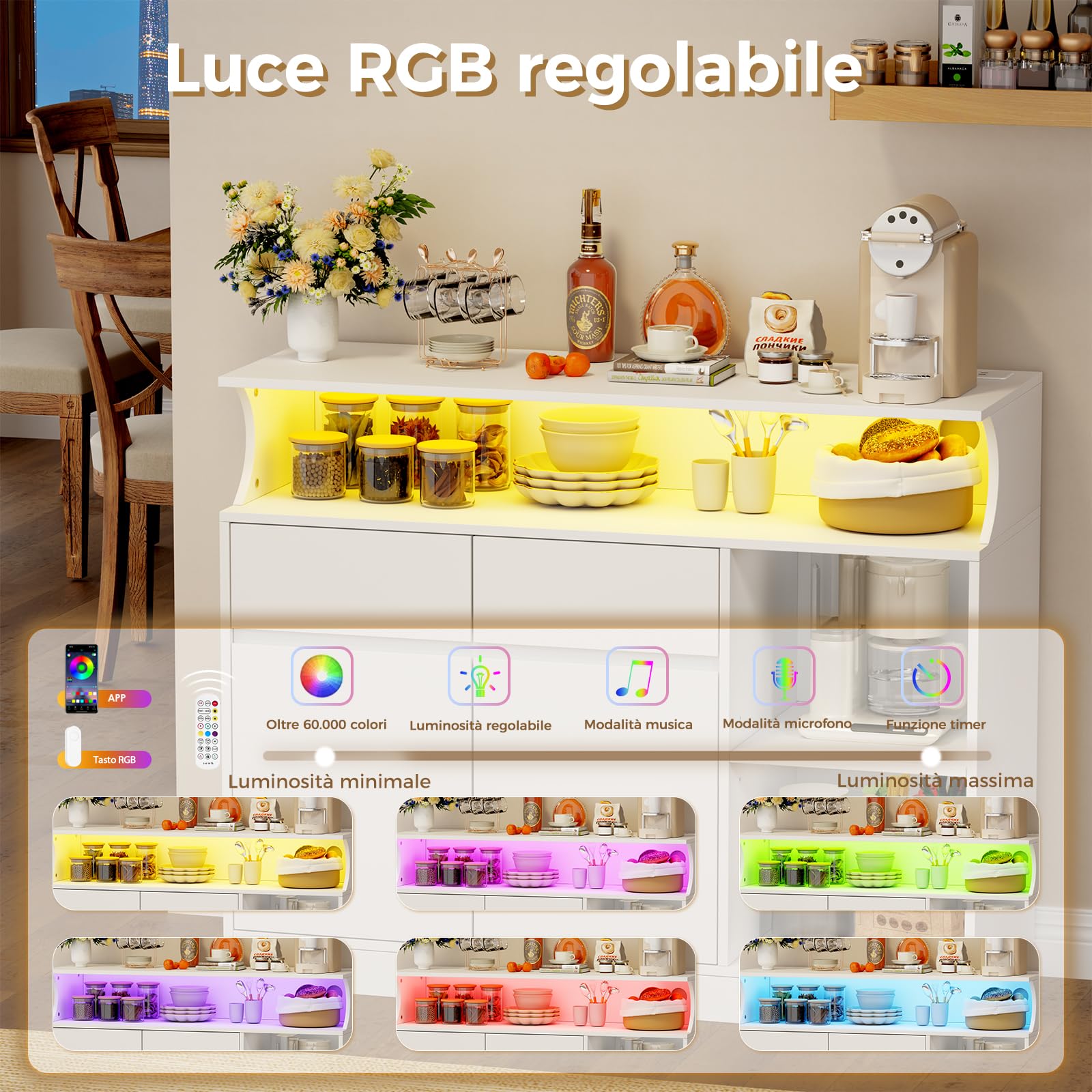 BEWISHOME Credenza cucina, mobile buffet, armadio domestico con multipresa e striscia luminosa a LED, piano di lavoro e 2 cassetti, ripiani regolabili, cucina, soggiorno, 100x80x35 cm, Bianco