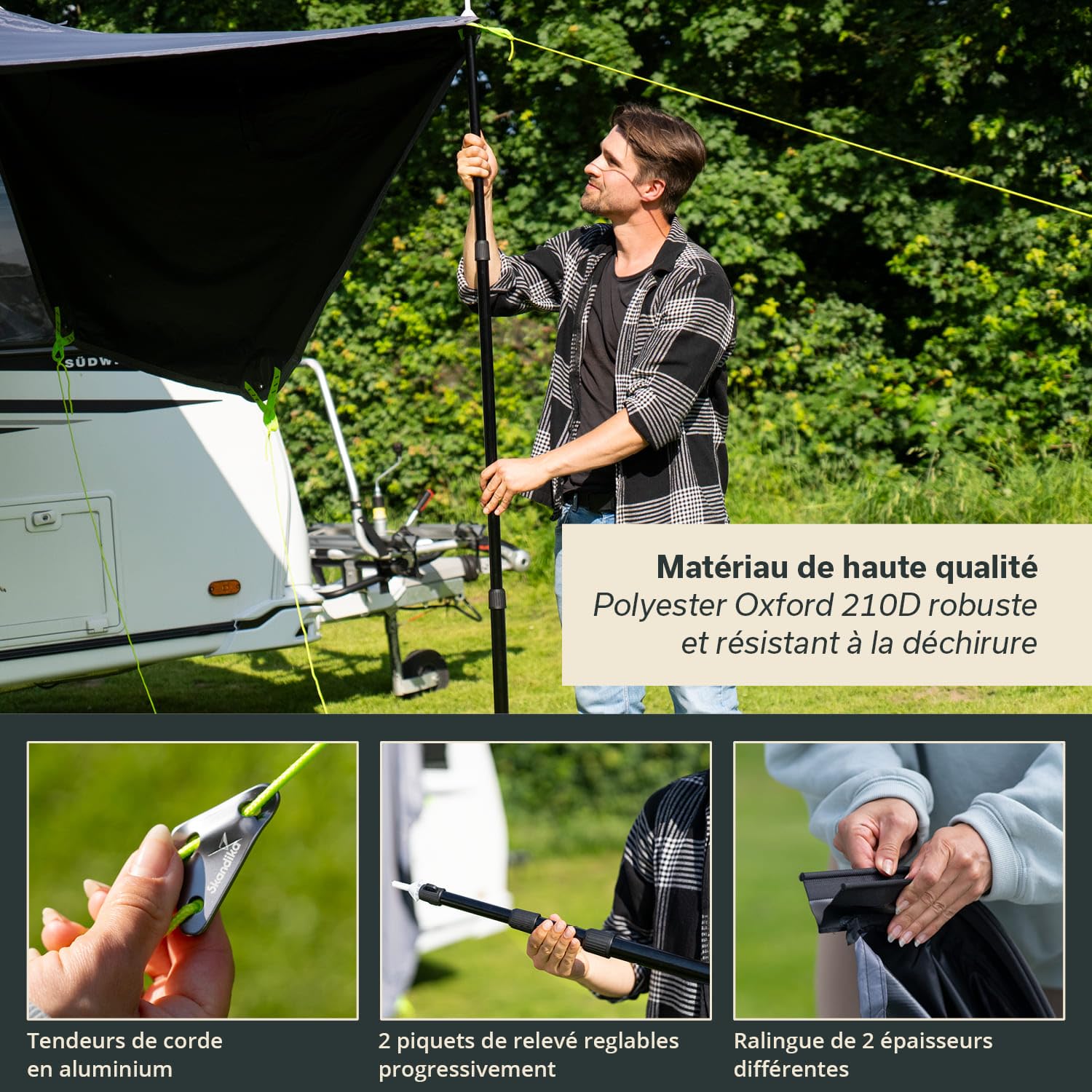 Skandika Auvent Freeway | Voile d'ombrage avec ralingue, Tarp, avancée pour Caravane, Store banne, Protection Solaire UV 50+, Colonne d'eau 3000 mm | Camping-Car, Caravane, Bus, Camping (3 x 2,4 m)