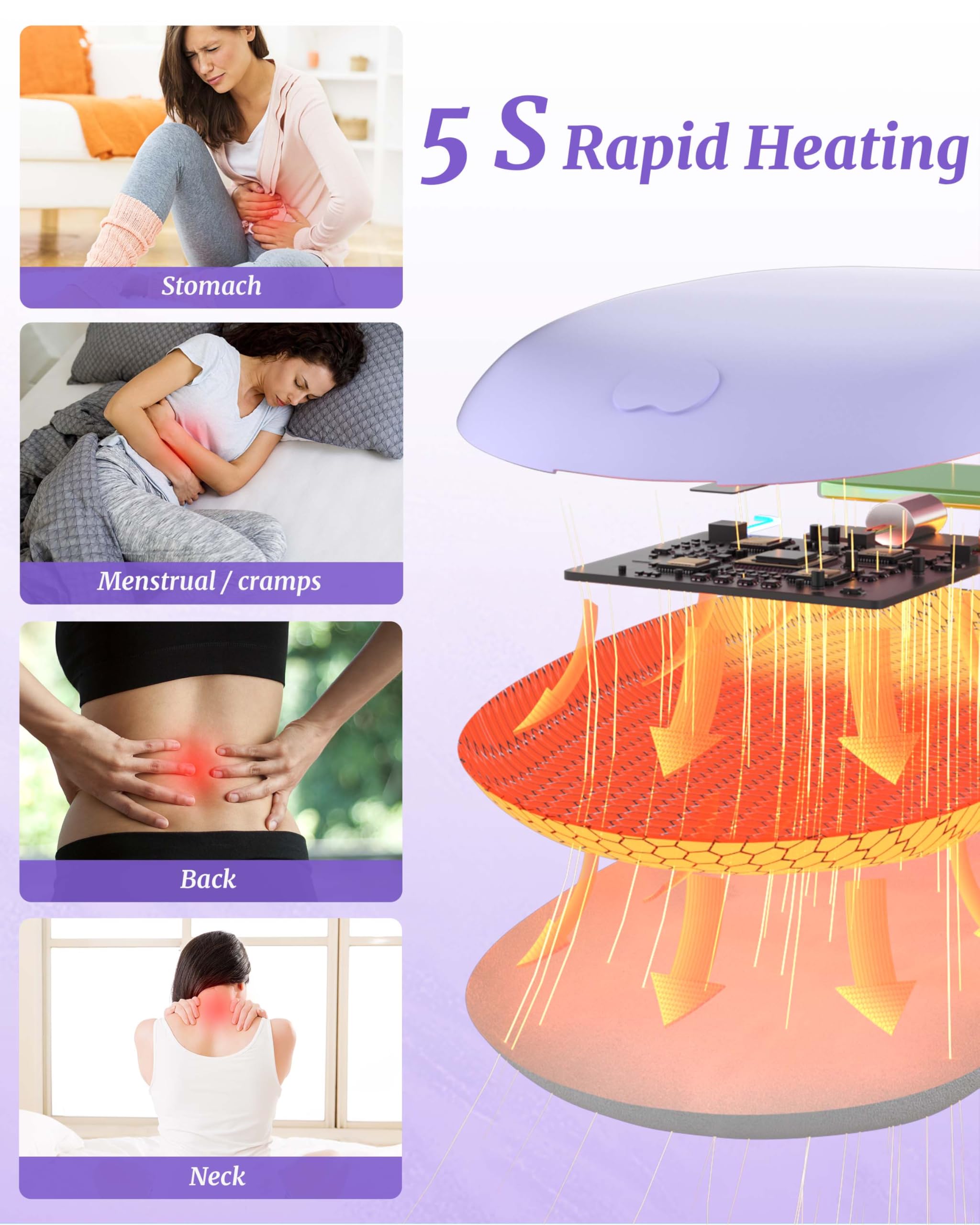 Heat Pad for Period Pain Relief Upgraded 6 Heat Massage Modes Electric Fast Heating Pad for Lower Back Pain Cramp Heated Belt Menstrual Rechargeable USB Heating Pad Gifts for Women Girls Her Purple - Image 2