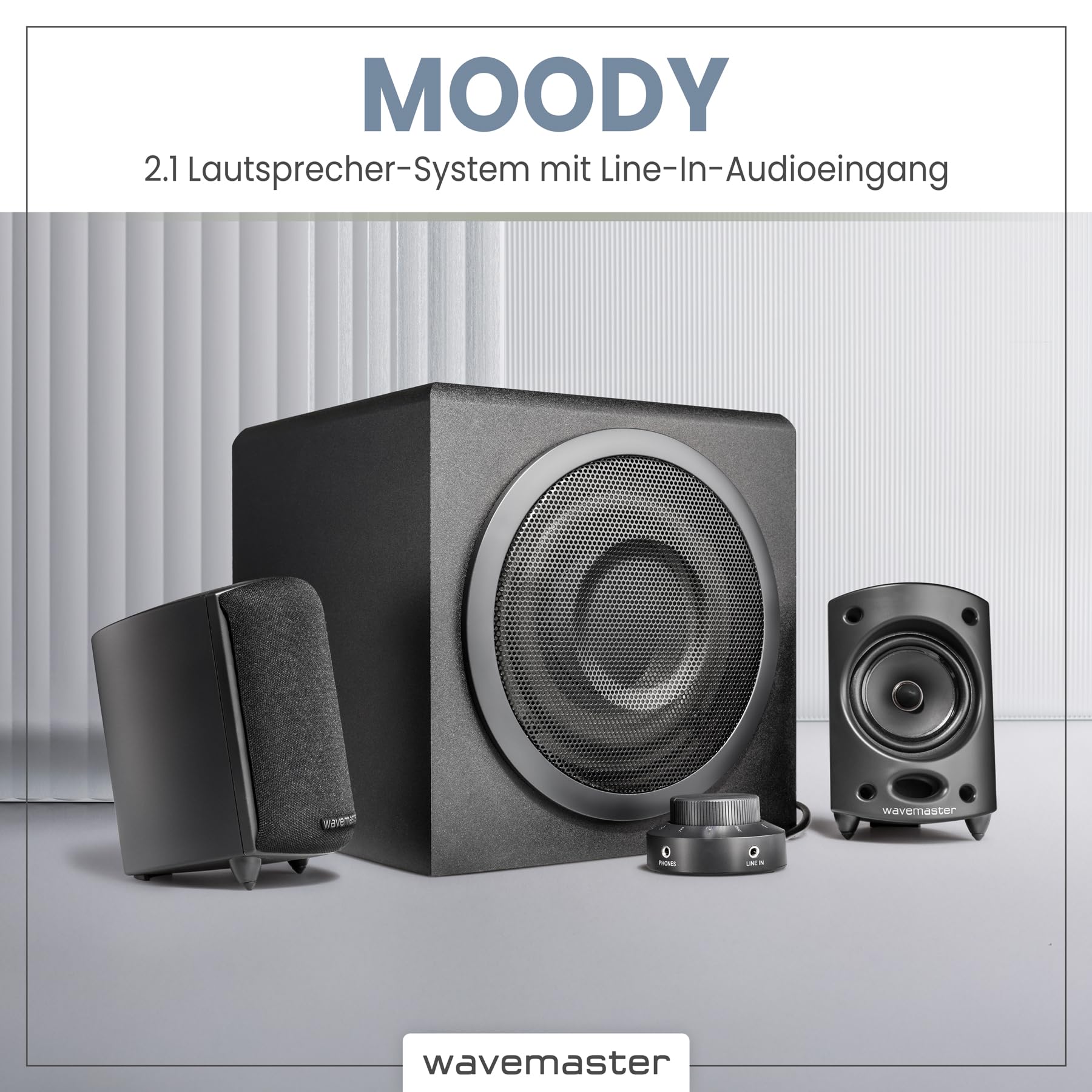 Wavemaster MOODY 2.1 Lautsprecher System (65 Watt) Aktiv-Boxen Nutzung für TV/Tablet/Smartphone/PC schwarz (66202)