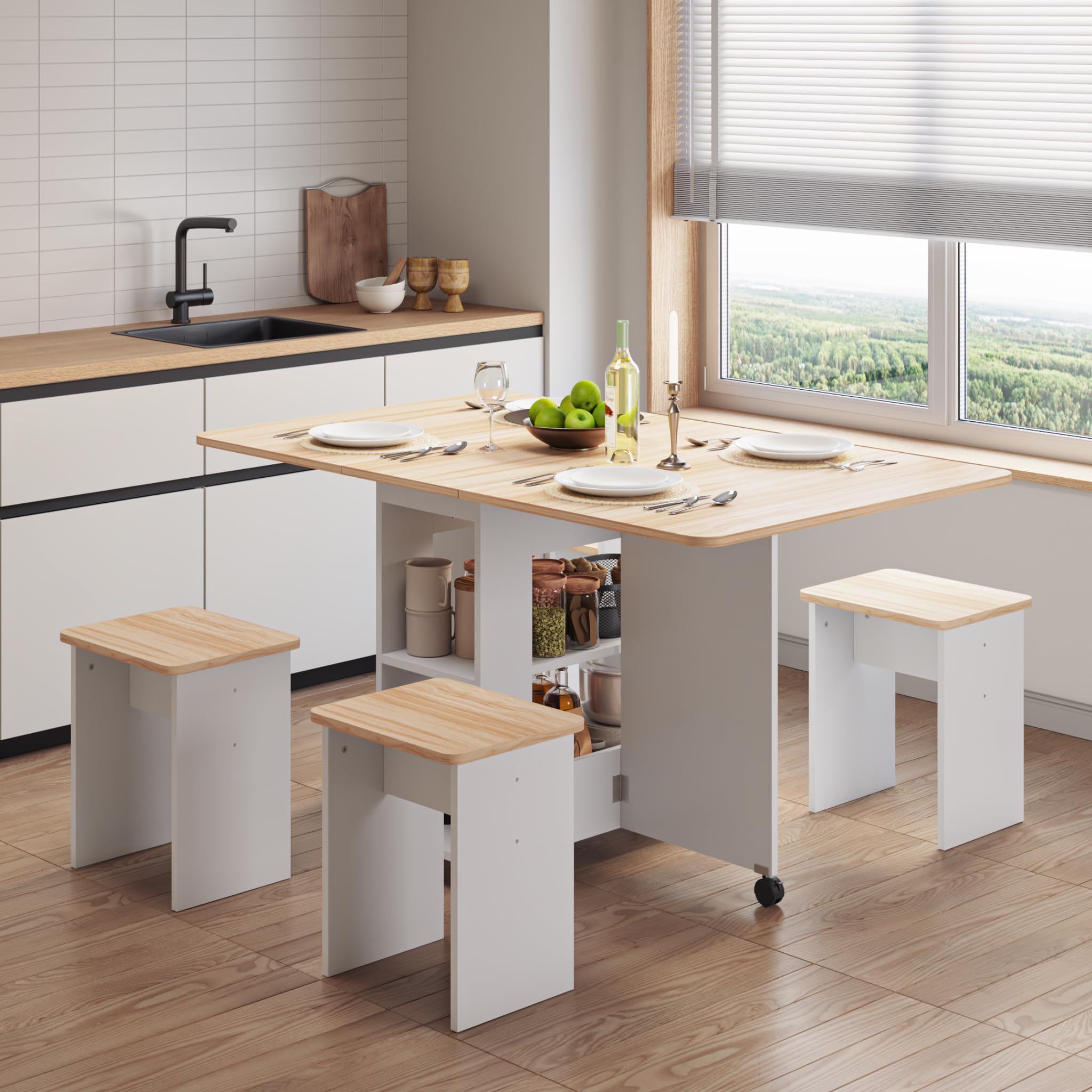 Mondeer Ensemble Table à Manger avec 4 Chaises, Ensemble Table à Manger Pliable avec Chaises pour Petits Espaces avec Etagères de Rangement, 120 x 80 x 80 cm, Chêne et Blanc
