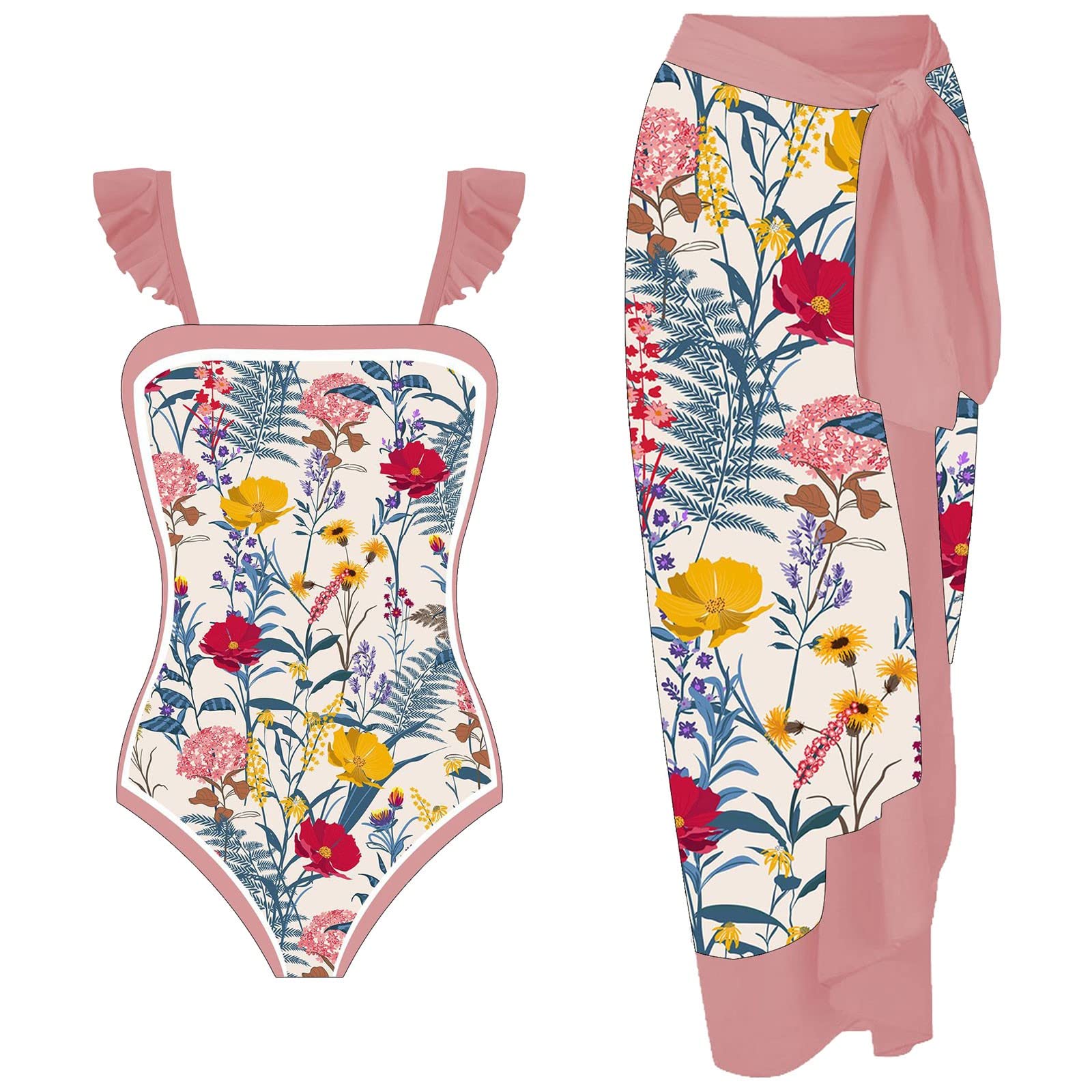 PAIDAXING Swimming Costume Womens 2 Piece Swimsuit with Matching Sarong Cover Ups Ladies Summer Vintage Floral Print Monokinis Bathing Suits with Long Wrap Skirt Boho Holiday Beachwear