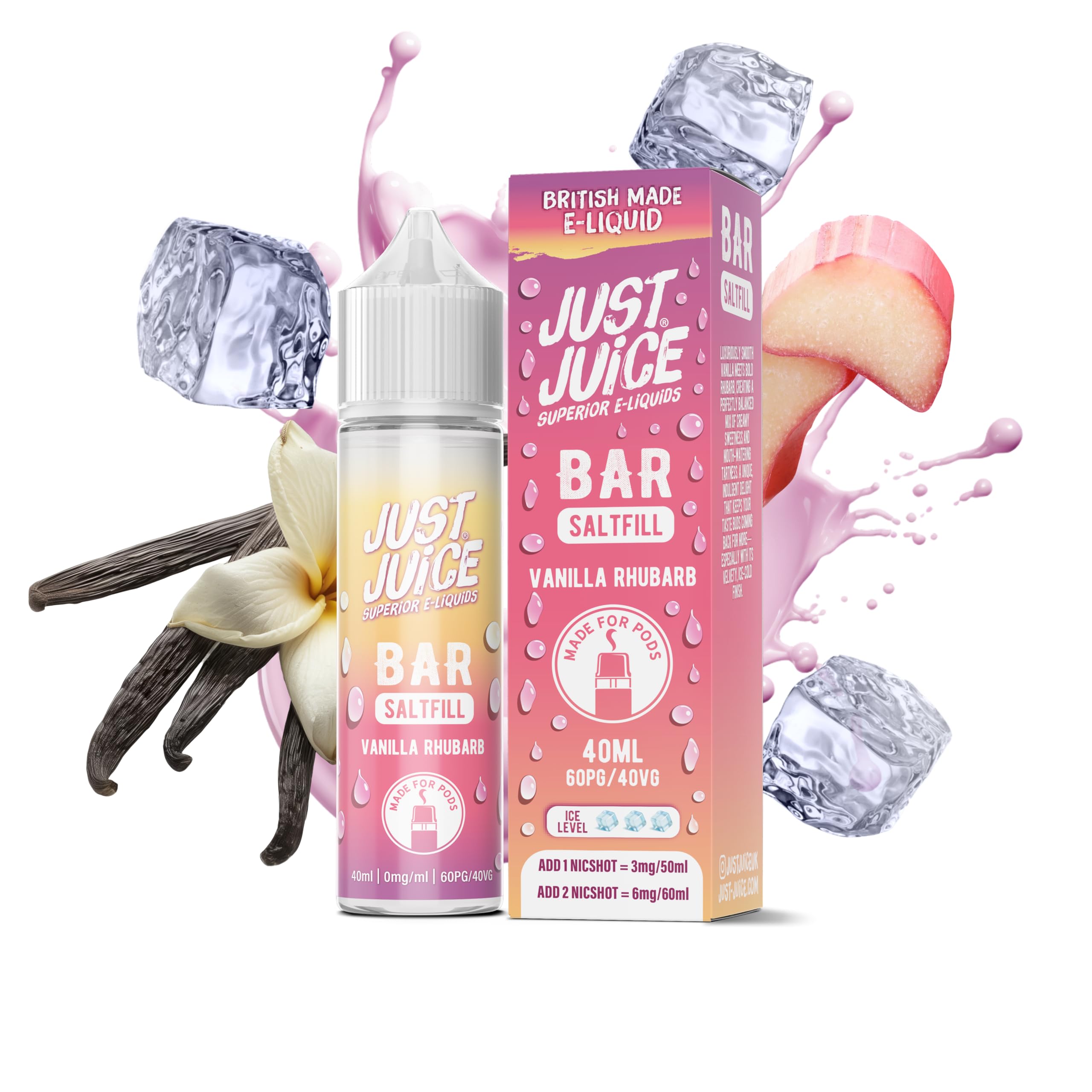 Just Juice Superior E-Liquids Bar Saltfill Vape Liquid - Vanilla Rhubarb Flavour - 60ml Bottle with 40ml of Super Concentrated Juice, 60/40 0mg e-Liquid
