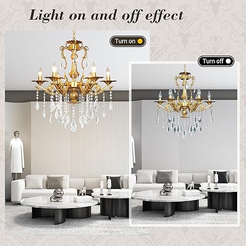 Miniatura 3 de Candelabro de cristal dorado de lujo, 24 pulgadas, lámpara colgante de cristal K9 vintage con 6 luces, lámpara de techo con acabado de latón antiguo
