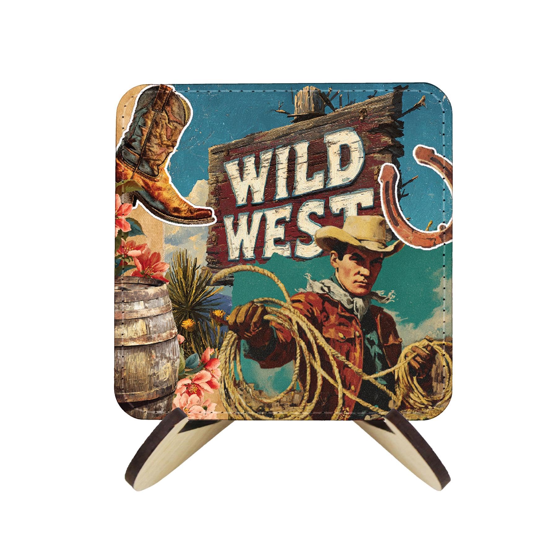 Set of 4 Wild West Collage Faux Leather Coasters & Wooden Stand