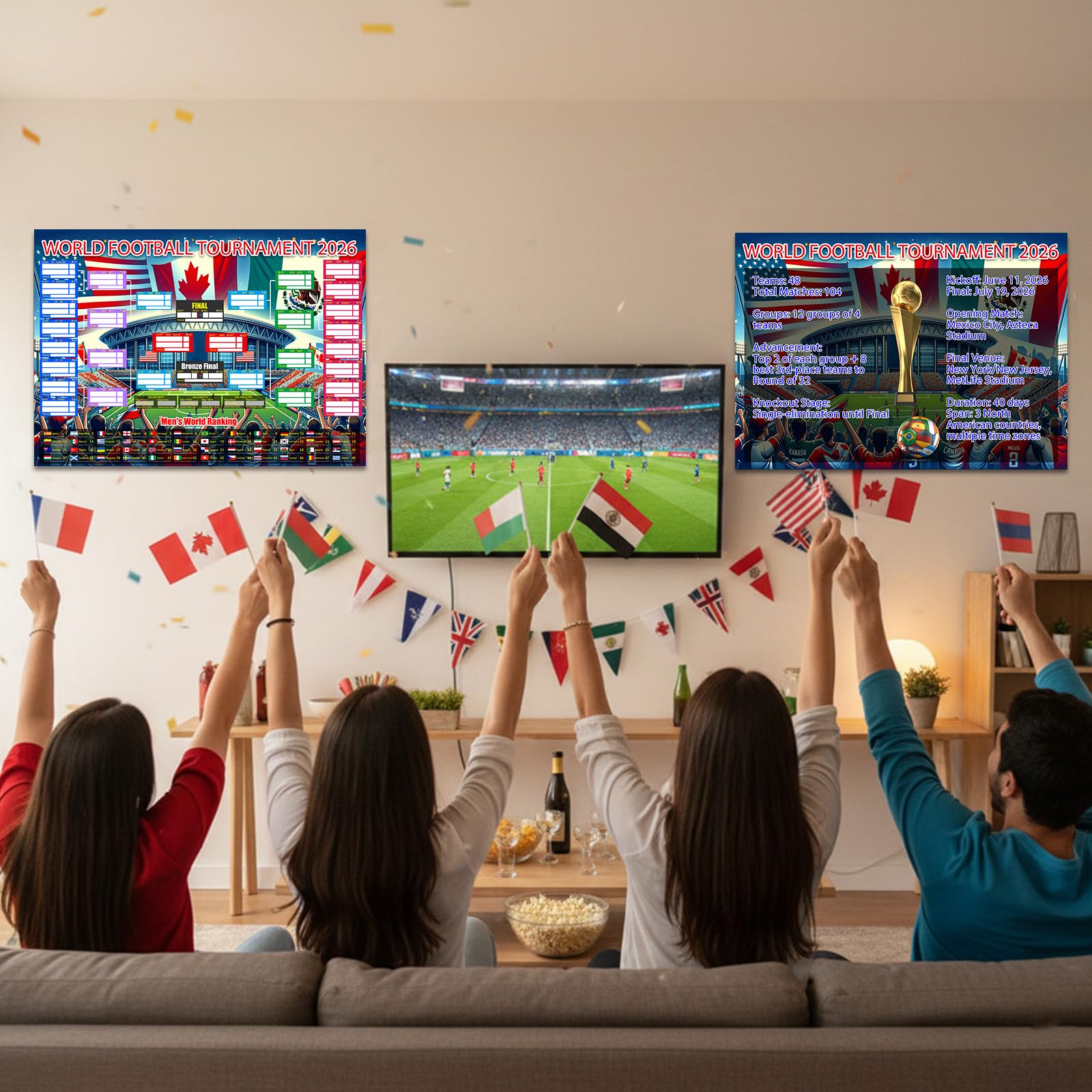 2PCS World Cup Football 2026 Interactive Foldable Poster 2026 World Cup Ball Competition Schedule Includes 8 Double Sided Adhesive Rings And A Flag-Themed Ballpoint Pen Fan Gifts Bar Display 87x58cm - 5