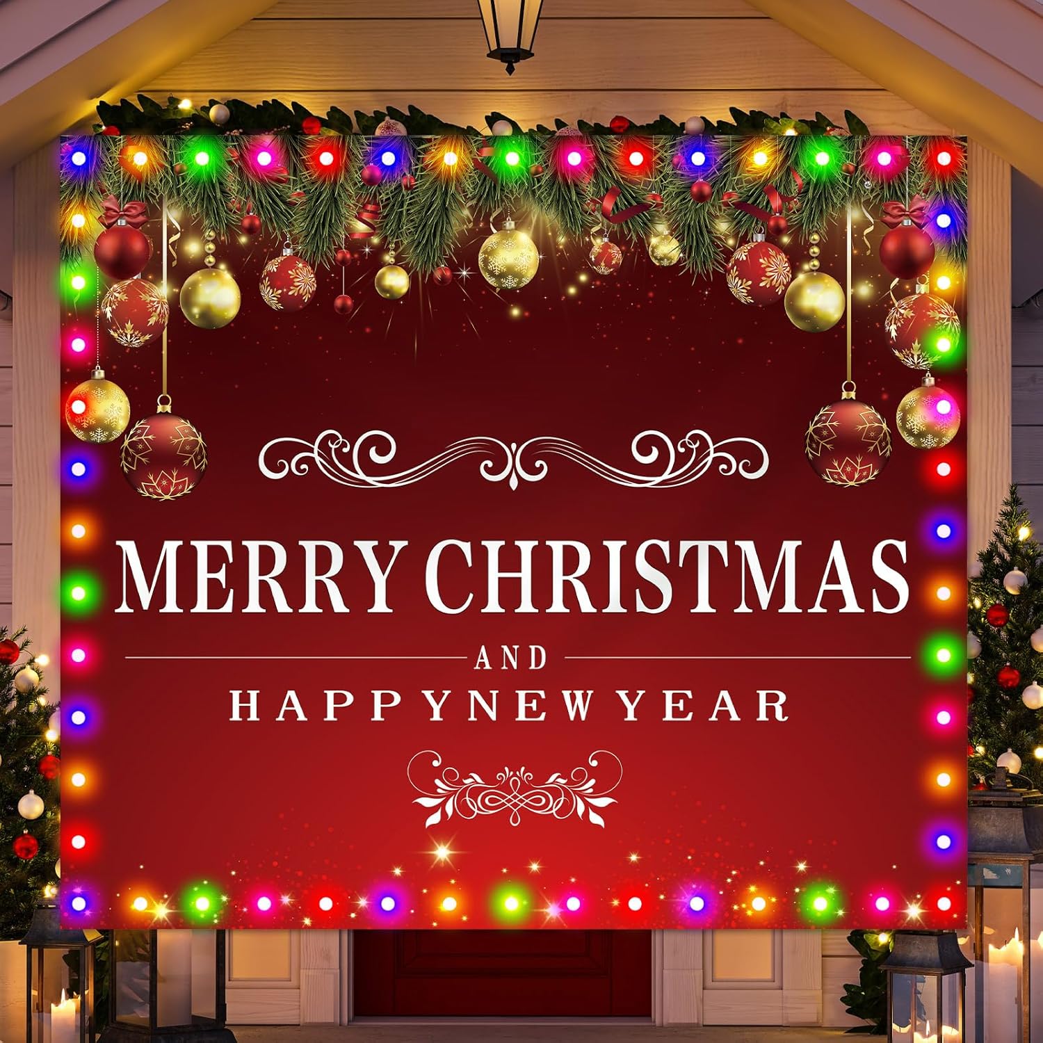 VitalCozy Christmas Garage Door Cover with LED String Light 7x8ft Red Large Xmas Garage Door Banner Backdrop Decoration Outdoor Lighted Merry Christmas Happy New Year Holiday Party Mural Cover Decor