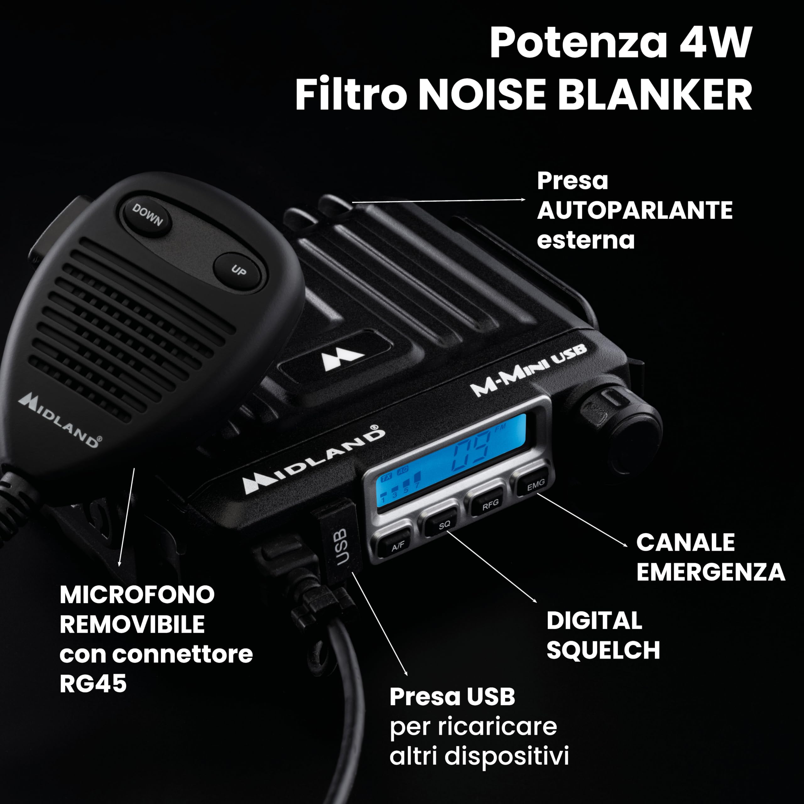 Midland M-MINI USB C1262.04, CB Radio Multistandard Mini CB Radio z Gniazdem USB - 40 AM/FM Kanałów, Multiband, Podwójny Squelch Mode, Wyjmowany Mikrofon - Łatwa Instalacja