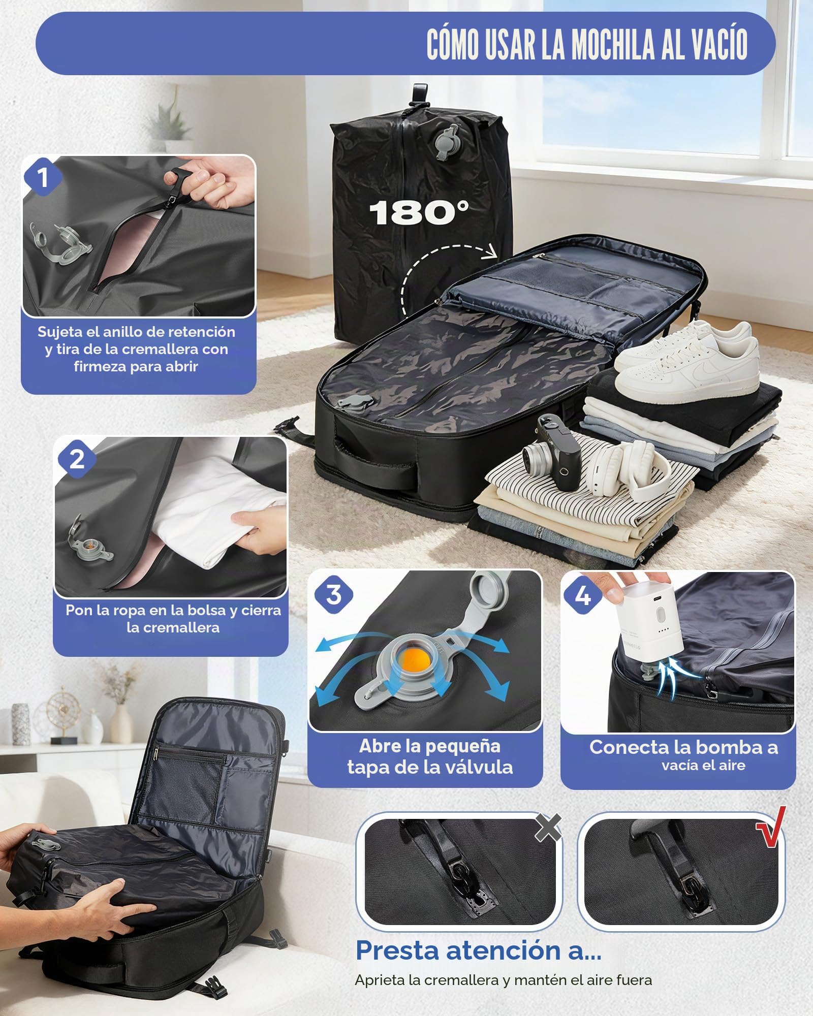 HPLQQ Mochila de Viaje al Vacío 40x30x20 con Bomba Cabina Avion Mochilas para Ryanair Bolsa de Cabina Easyjet Equipaje de Mano Mochila de Senderismo Impermeable Cabina Mochila para Mujer,H01-Negro