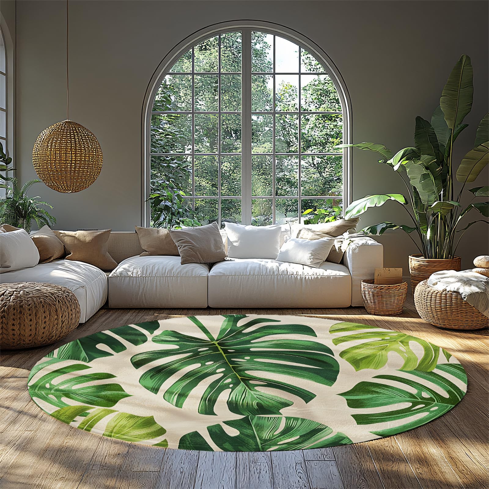 Tapis rond feuille monstera 160cm vert forêt lavable et grand tapis de salon tendance