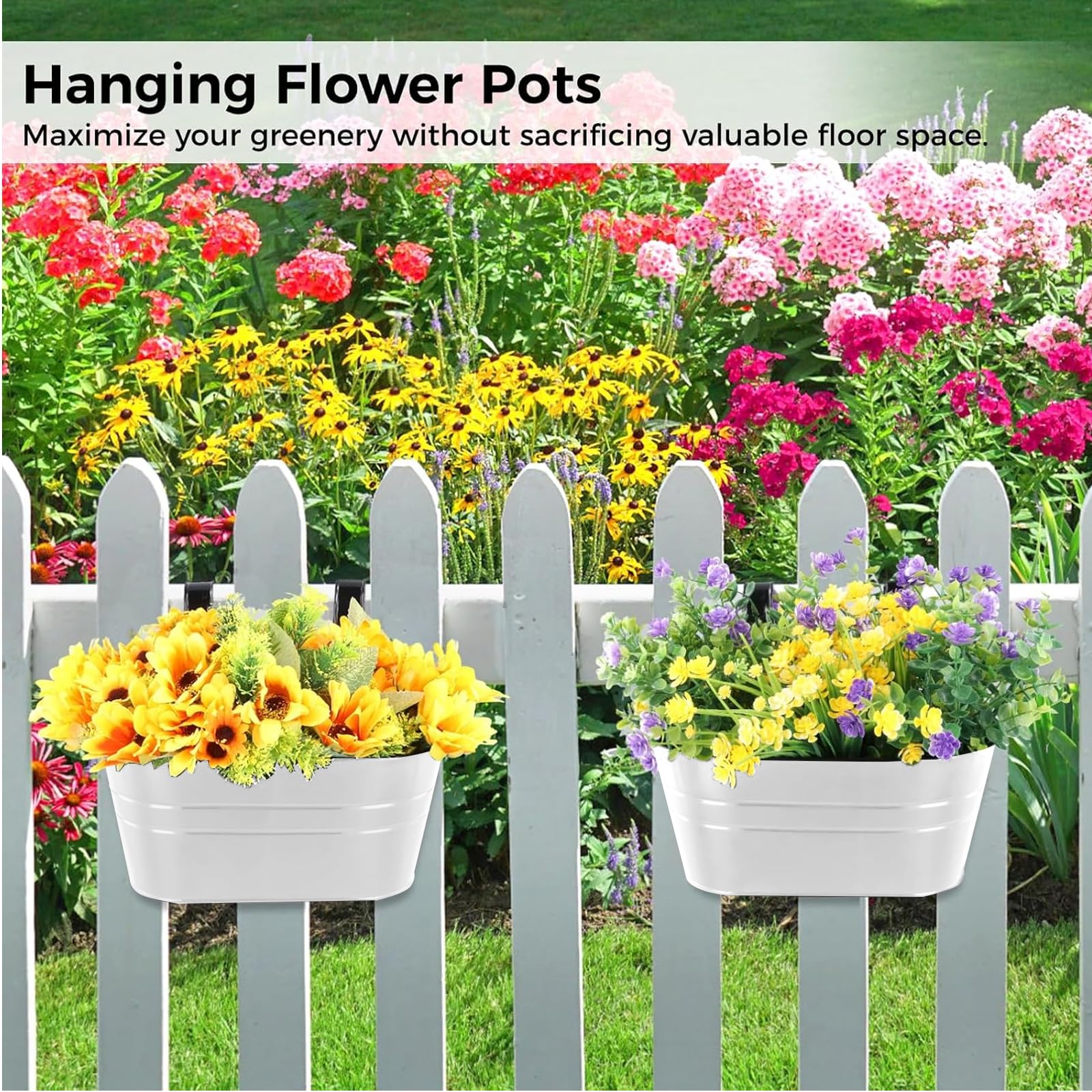 4 Stück Metall Blumentopf Hängend, Groß Hängetopf für Pflanzen, 27cm Blumentöpfe zum Aufhängen, Mit Abflussloch, für Balkonzäune, Gartendekoration, Mauerzäune (Weiß)