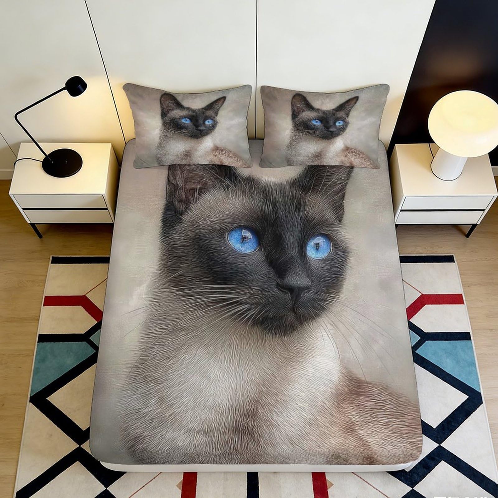 3D Printed Siamese Cat Fitted Sheet Microfiber Soft Breathable Blue Eyes Bed Cover for Bedroom Dormitory Guest Room Mattress Protection Decor 160x200x25cm