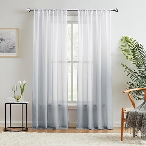 Cortinas traslúcidas de gasa degradadas para sala de estar, bolsillo para barra, color gris degradado arrugado, tratamiento de ventana, privacidad