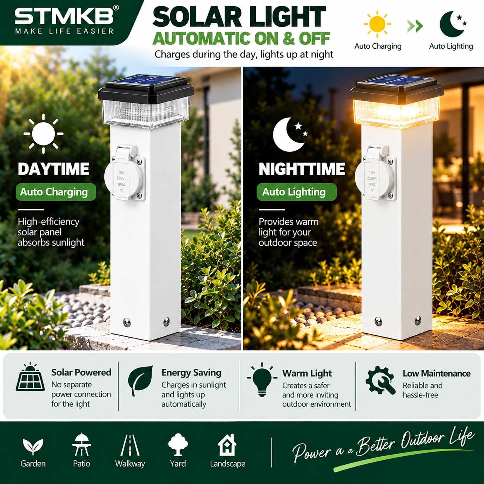 Poste De Luz Solar para Exteriores, 1 Toma De Corriente, Pedestal Eléctrico Impermeable Ip54 para Jardín, Patio Y Terraza.