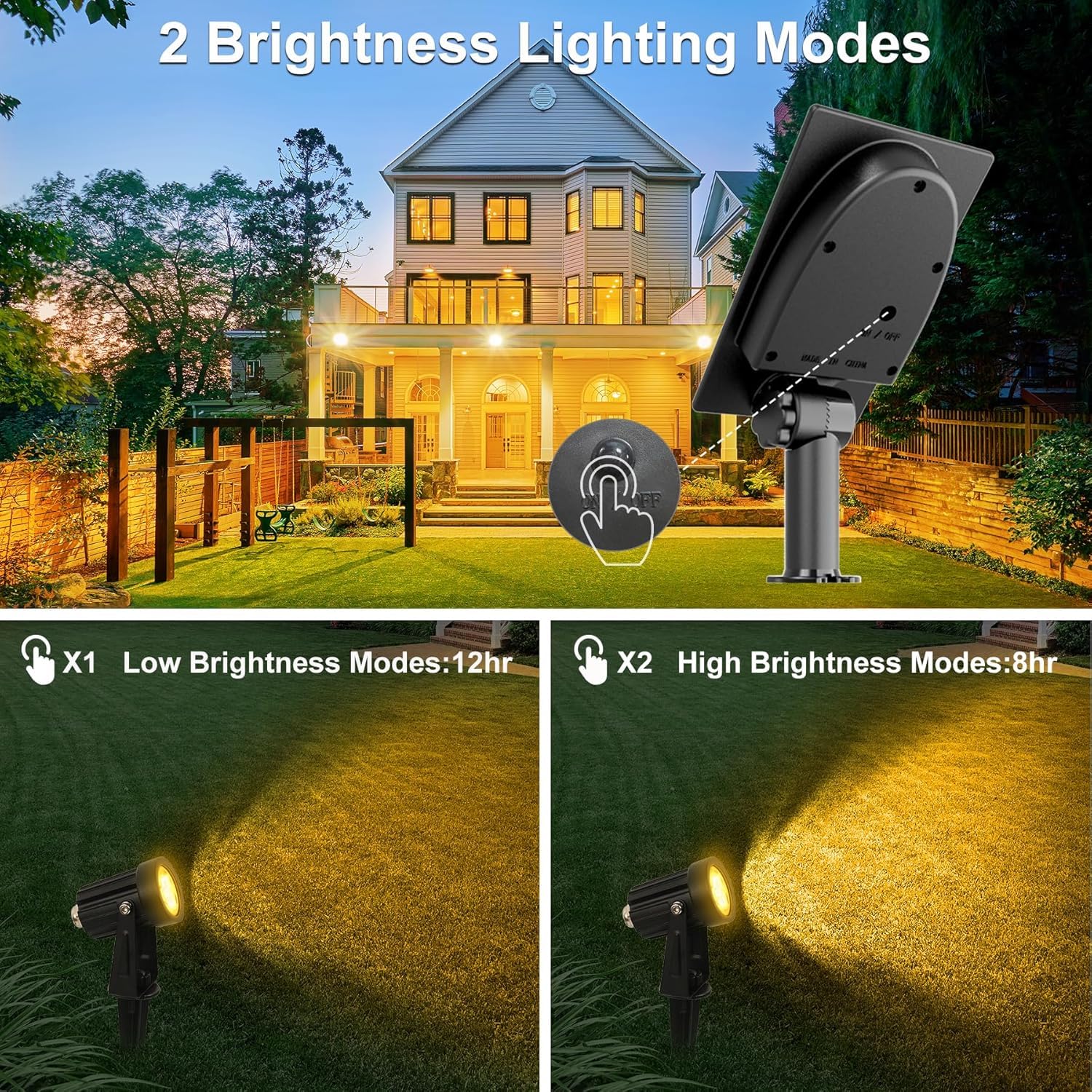NATPOW Faretti Solari a Led da Esterno, 2 en 1 Luce 3000K Luci Solari da Giardino, 2 Modi, Automaticamente Acceso o Spento, Impermeabile IP65 Luci Esterne ad Energia Solare per Cortile, Patio, Alberi