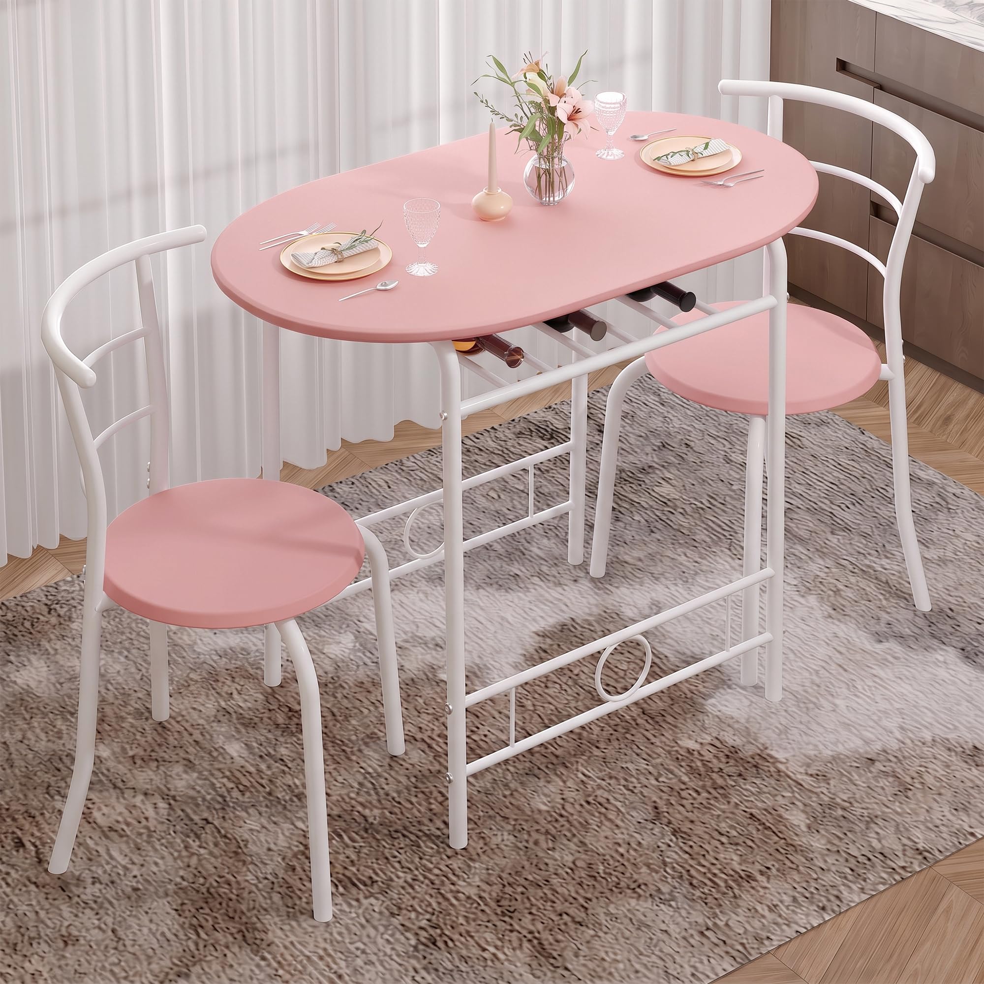 VECELO 3-Piece Dining Table Set for Kitchen Breakfast Nook, Wood Grain Oval Tabletop and Metal Frame with Built-in Wine Rack, for Small Spaces, Pink