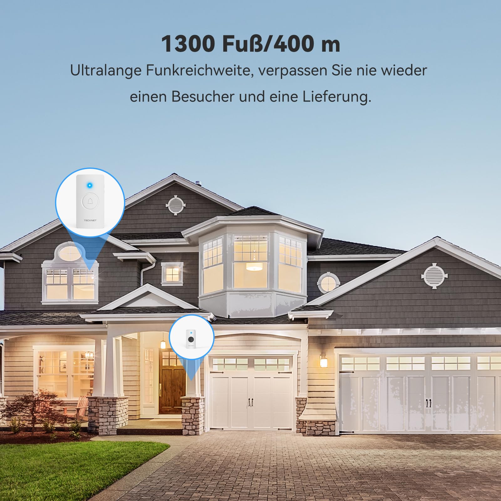 TECKNET Funkklingel, 400m Reichweite IP67 Funkklingel aussen wasserdicht, Funkklingel Batteriebetrieben mit 2 Empfängern, 5 Lautstärkestufen, 60 Melodien mit 4,5 Jahren Batterielebensdauer, Weiß