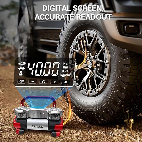 Miniatura 5 de GSPSCN Compresor de aire portátil digital de doble cilindro resistente, inflador de neumáticos de metal de 12 V con adaptador y medidor de presión