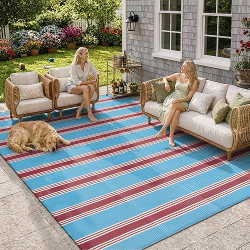 Lahome Striped Outdoor Plastic Straw Rug, 9x12 Outdoor Rug Waterproof Rug