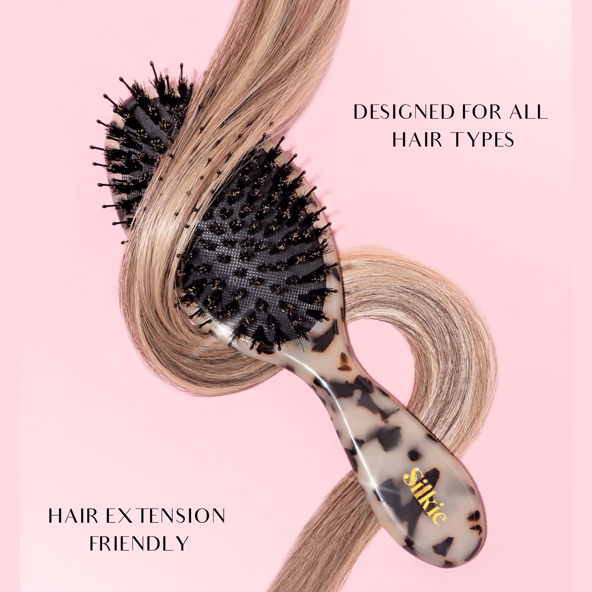 Silkie Ultimate Smoothing - Cepillo de acetato con cerdas de jabalí para desenredar, alisar y pulir contra el encrespamiento para extensiones y pelucas de pelo fino, rizado, liso y grueso