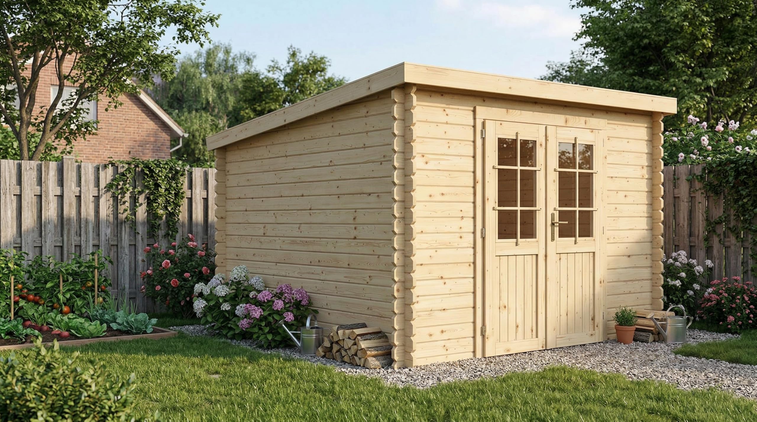 Holz Gartenhaus Blockbohlenhaus Houston | Wandstärke 28 mm | Naturbelassen | B x T x H: 310 x 298 x 226 cm | Doppeltür Mit Echtglas (298 x 309 x 203 cm)