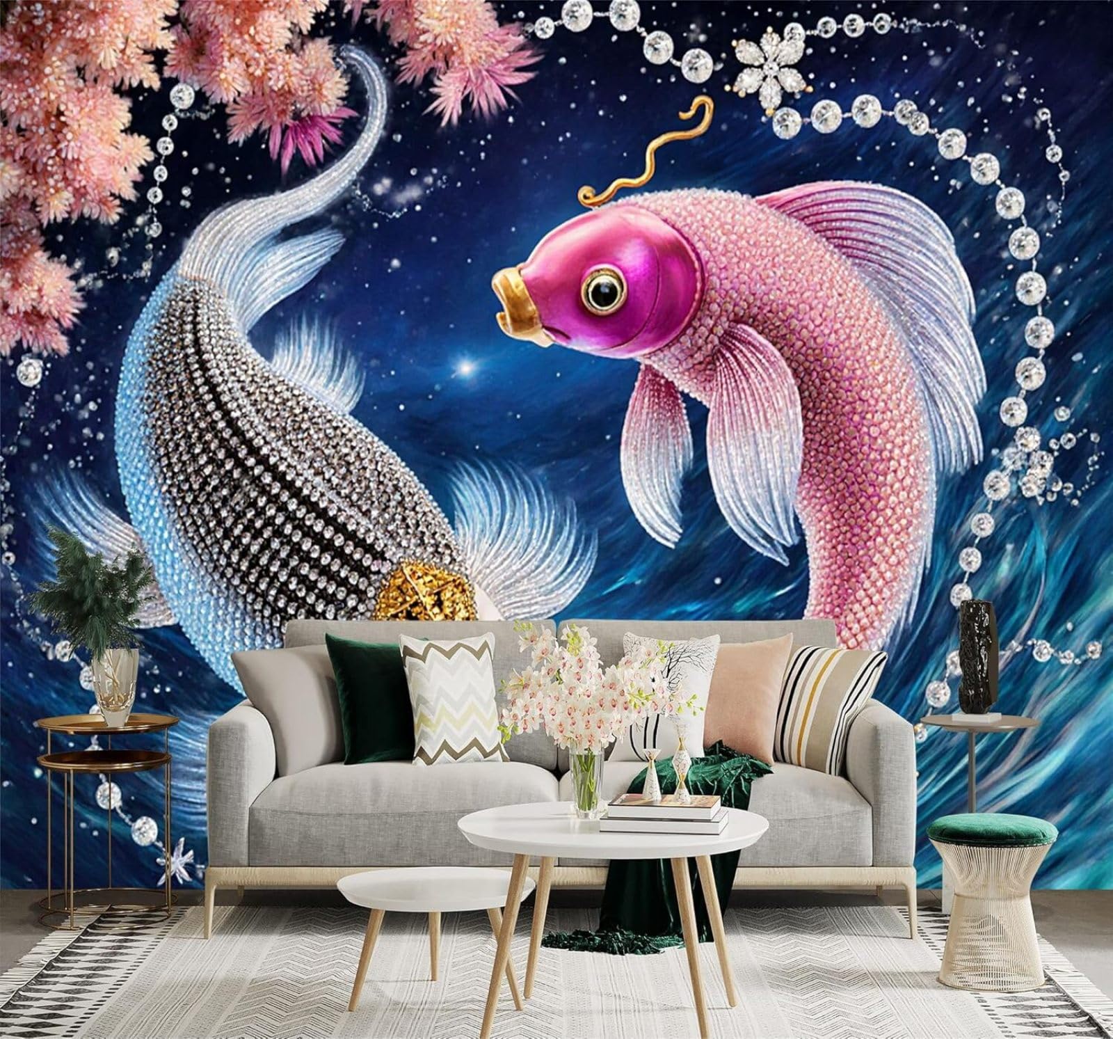 Tzxztt Luxury Koi Fish Glistening in Blue Water Set with Gemstones Flowers Modern 3D Wallpaper Premium Textured Silk Neutral Tones Material Ideal for Living Room Bedroom-150cm×105cm