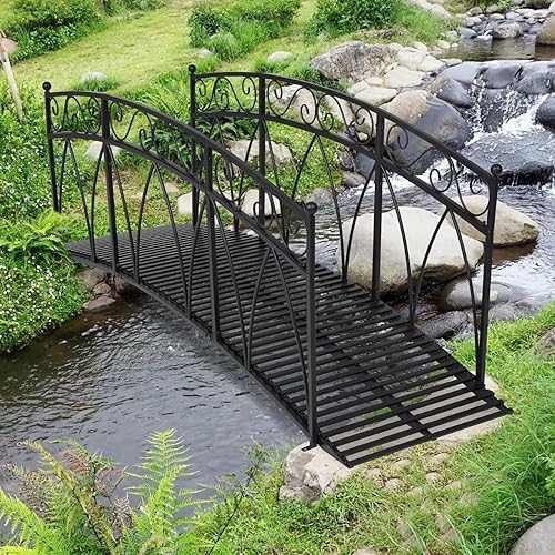 Puente de jardín de metal de 8 pies con carriles laterales con patrones de seguridad, puente de arco de jardín extralargo decorativo para