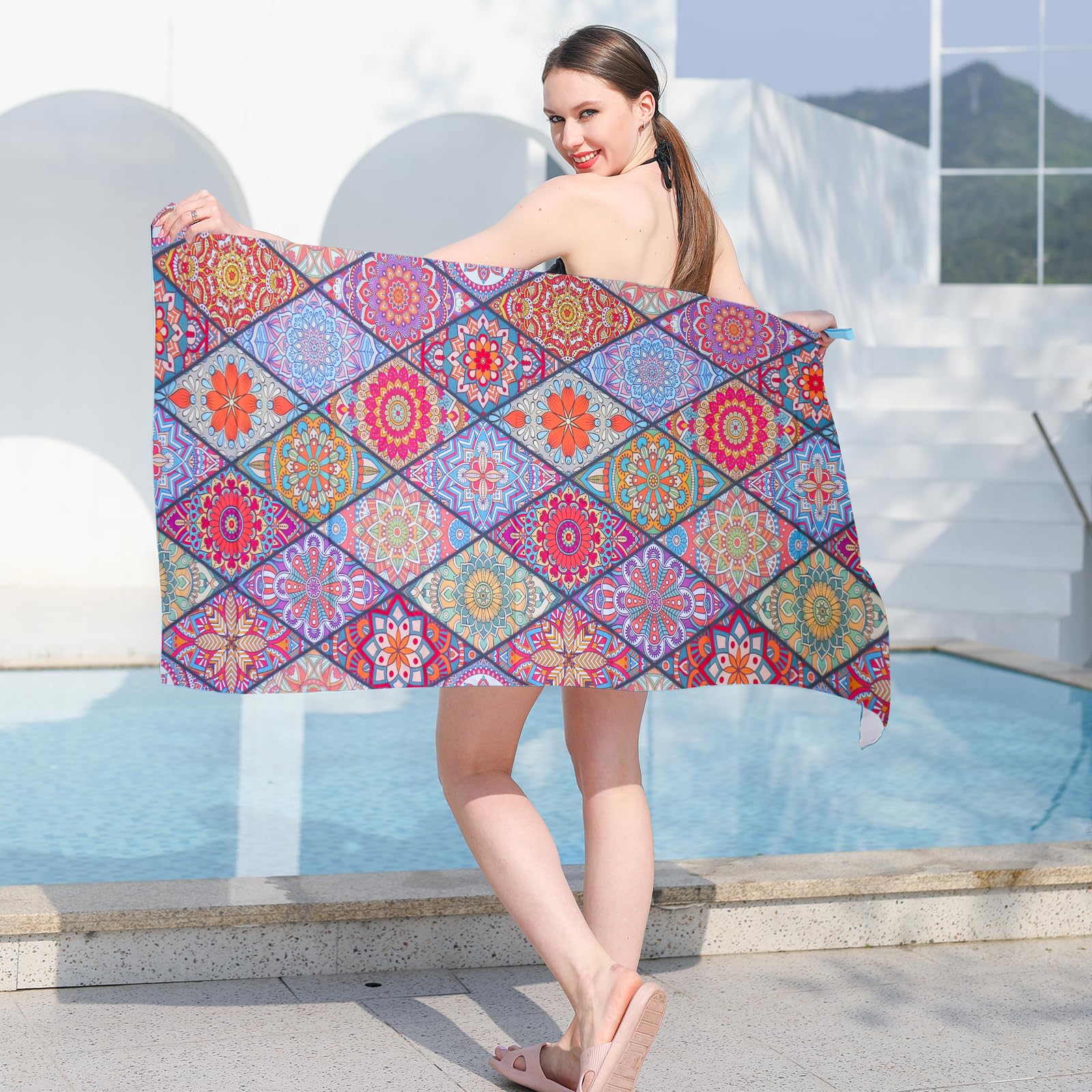 Vorvowry Microfibre Beach Towels for Adults Women Men Extra Large Lightweight Quick Dry Sand Free Travel Towel Double Sided Printing for Swim Sports with Mesh Bag 80×180cm Bohemia 1 Pack - Image 3
