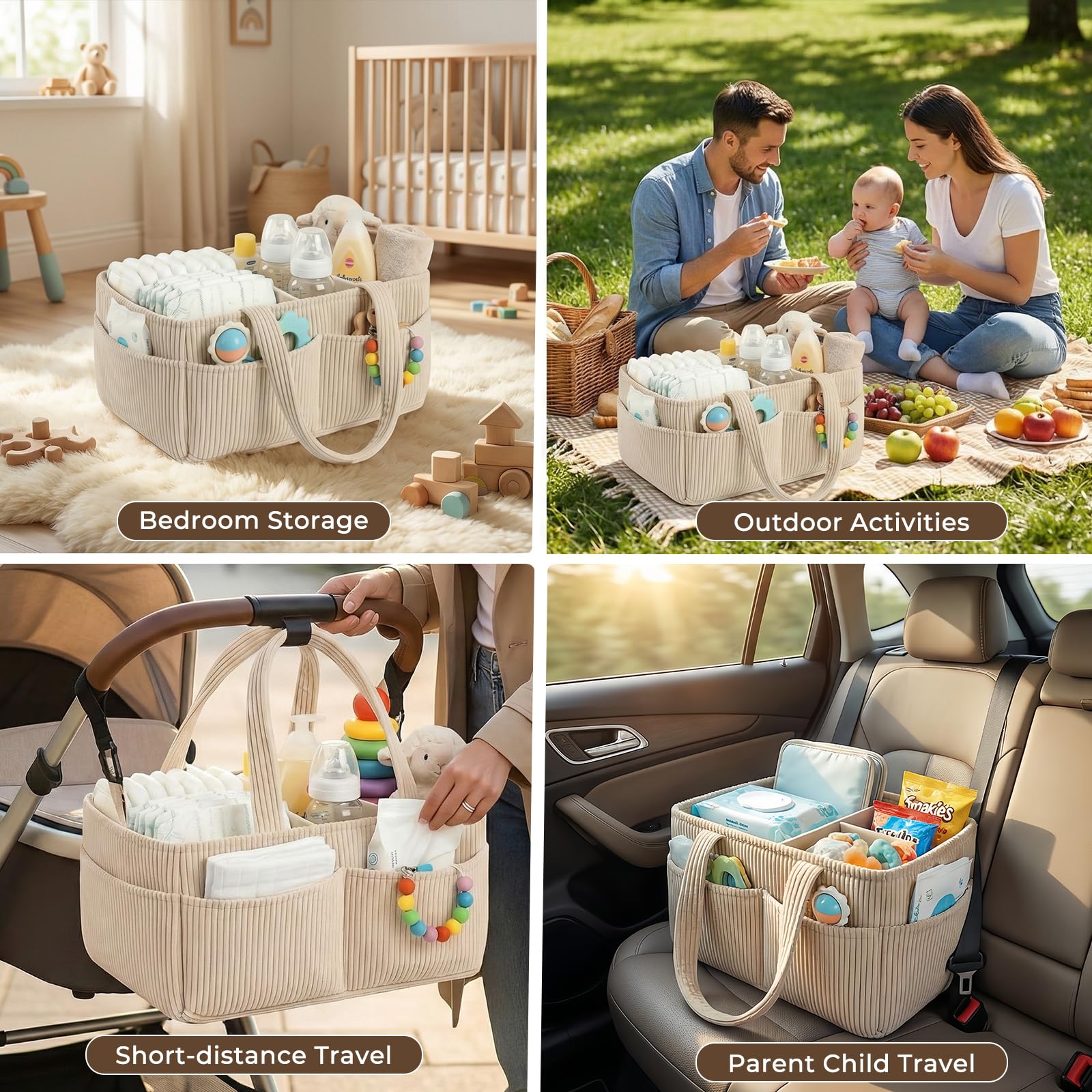 Rangement Couches Bebe, Panier Rangement Bébé Table a Langer, Organisateur de Couche Bebe, Panier a Langer Portable avec Compartiments Amovible et Poignées, Cadeau pour Nouveau-né